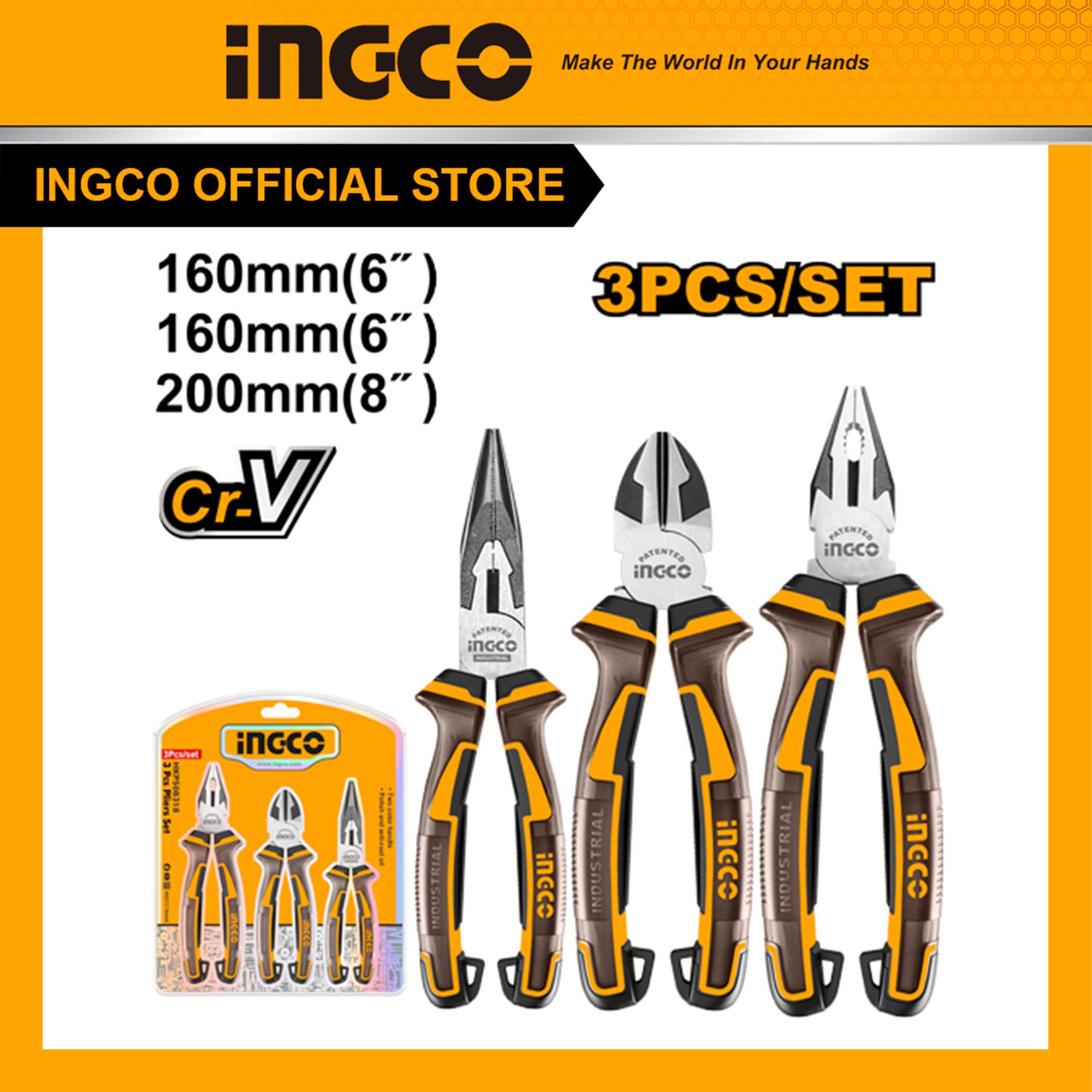 Bộ kềm ingco 3 kìm răng, cắt và nhọn HKPS28318 thép Cr-V màu nâu vàng