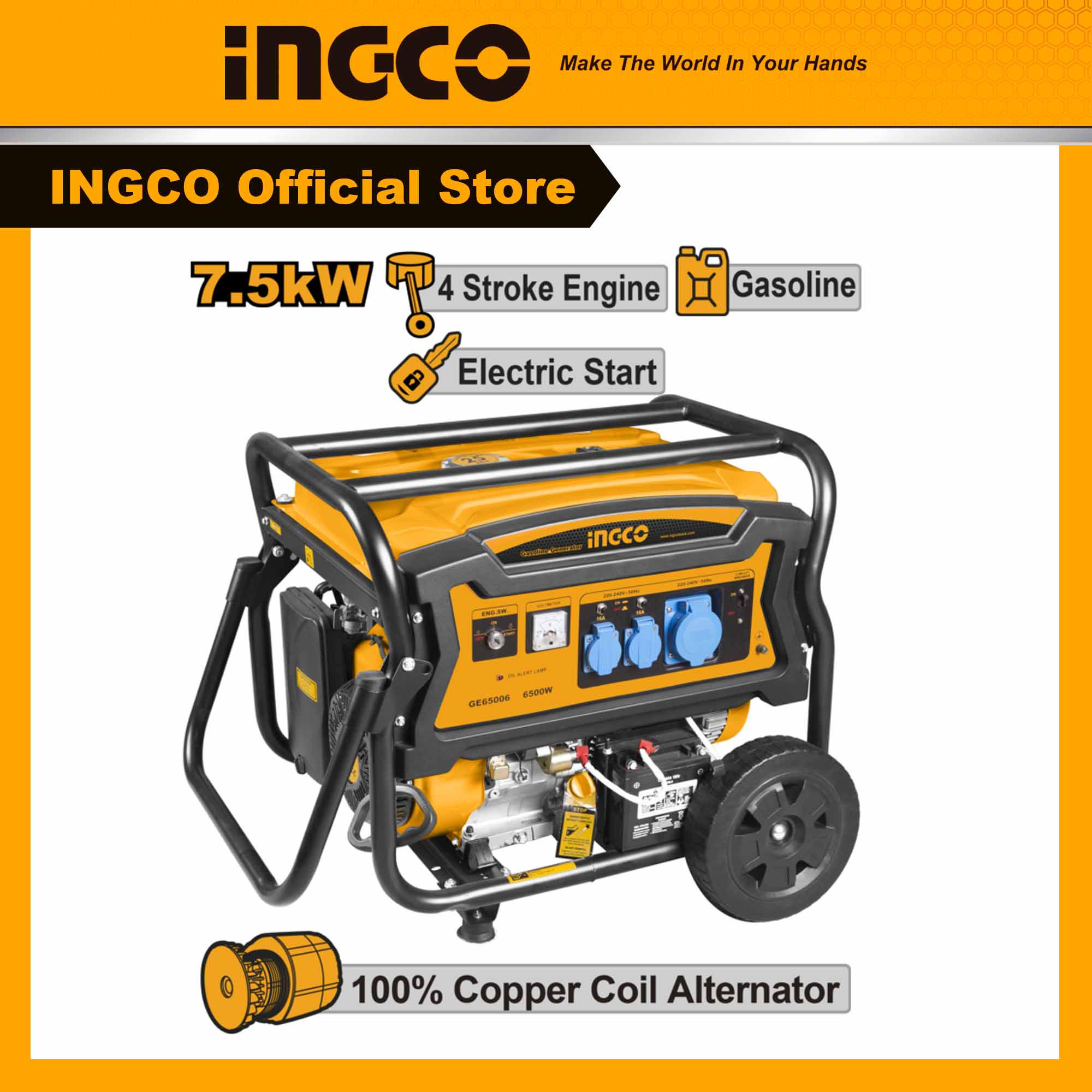 máy phát điện 7.5kw INGCO GE75006 dây đồng 100% dùng cho gia đình, công ty loại đề điện và giật nổ chạy xăng