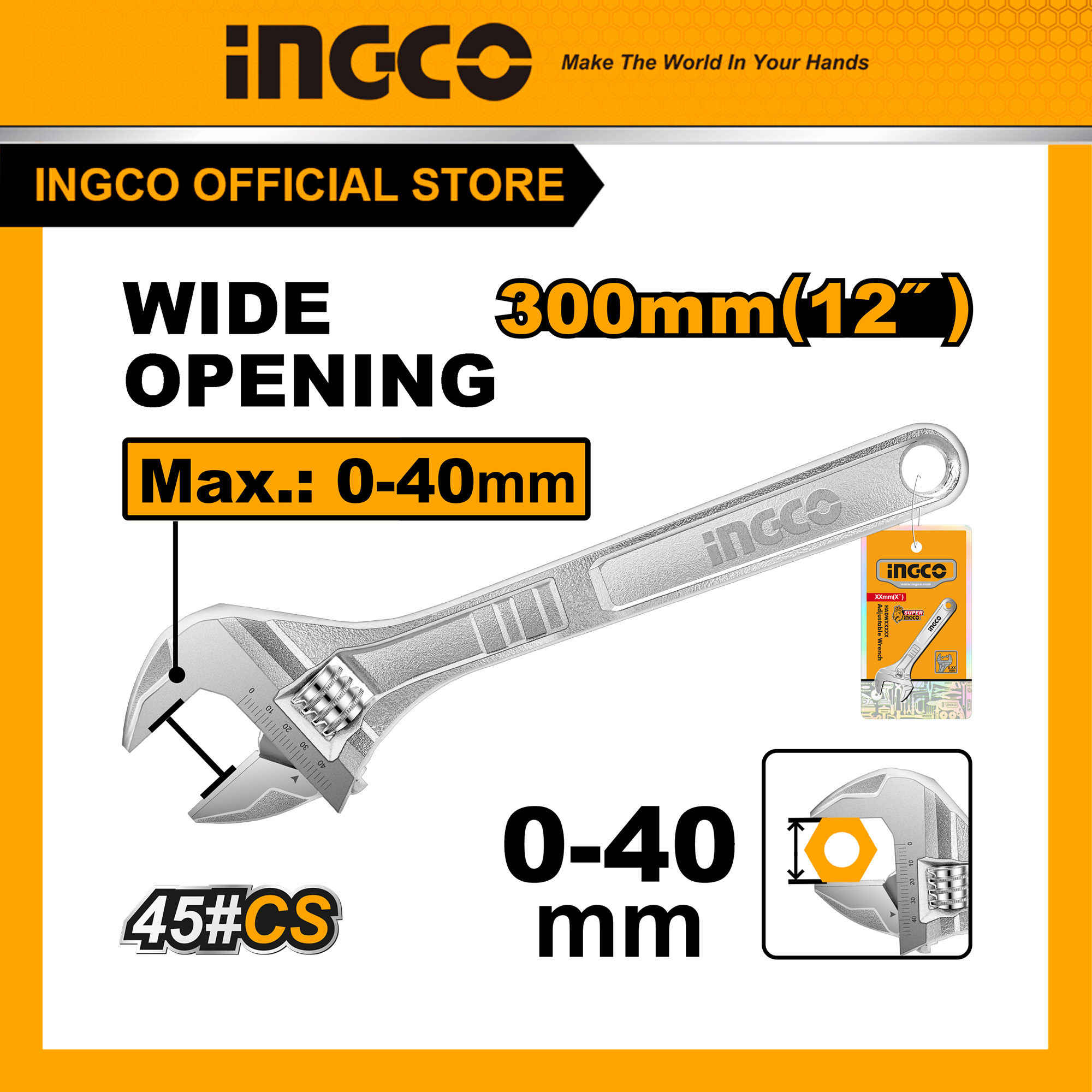 Mỏ lết dài 300mm INGCO HADW131122 size mở 0-40mm