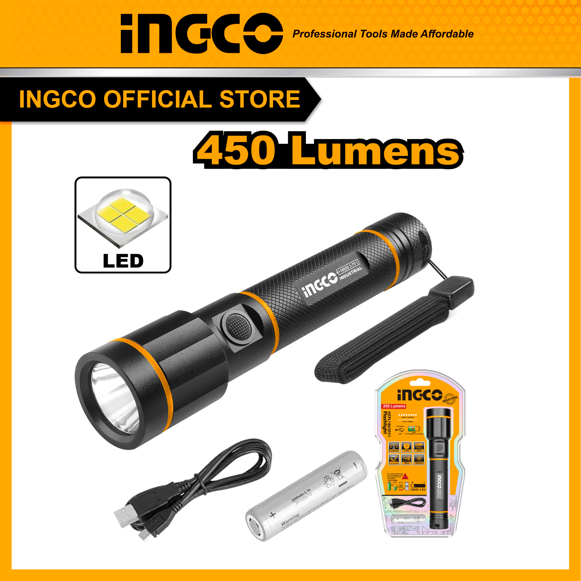 Đèn pin sạc 3 chế độ sáng cao cấp INGCO HCFL1865051