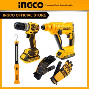 Bộ Combo INGCO BTCB202406 - Máy khoan pin 20V CIDLI20602 + Máy khoan bê tông pin 20V CRHLI1601 + Đèn làm việc HWLI35261 + Găng tay cơ khí HGMG02-XL