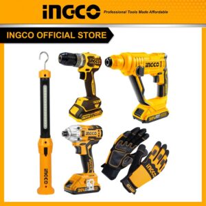 Bộ Combo INGCO BTCB202407 - Máy khoan pin 20V CIDLI20602 + Máy khoan bê tông pin 20V CRHLI1601 + Thân máy siết vít pin 20V CIRLI20020 + Đèn làm việc HWLI35261 + Găng tay cơ khí HGMG02-XL