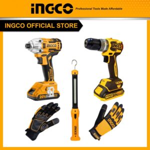Bộ Combo INGCO BTCB202409 - Máy siết vít pin 20V CIRLI2028 + Thân máy khoan pin 20V CDLI20024-B + Đèn làm việc HWLI35261 + Găng tay cơ khí HGMG02-XL