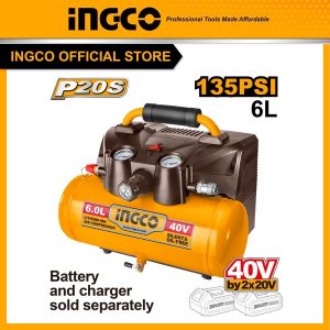Máy nén khí dùng pin 40V, sử dụng 2 pin 20V, bình chứa 6L. INGCO CACLI2003