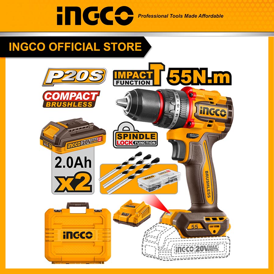 Máy khoan pin 20V ba chức năng có búa motor không chổi than, lực siết 55Nm Ingco CIDLI20558
