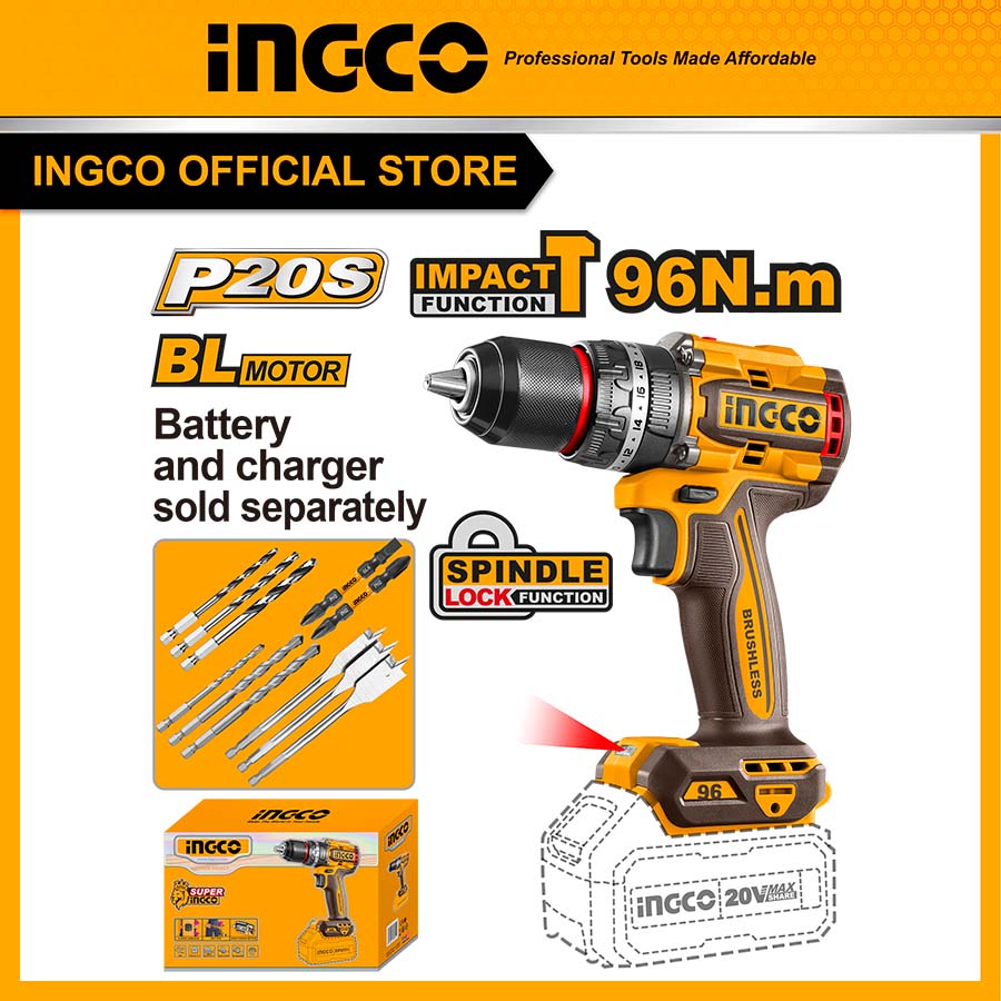 Thân máy khoan pin 20V ba chức năng có búa motor không chổi than, lực siết 96Nm Ingco CIDLI209681