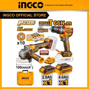 Bộ combo máy mài góc pin và máy khoan pin ba chức năng có búa 20V, motor không chổi than Ingco CKLI2027310