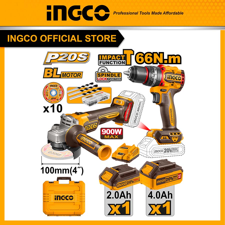 Bộ combo máy mài góc pin và máy khoan pin ba chức năng có búa 20V, motor không chổi than Ingco CKLI2027310