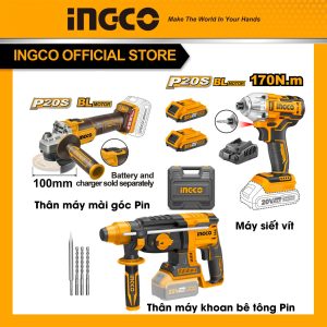 [Bộ combo giá rẻ] Ingco ING-CB20 máy vặn vít 170N.m, máy mài góc pin, máy khoan bê tông pin không chổi than