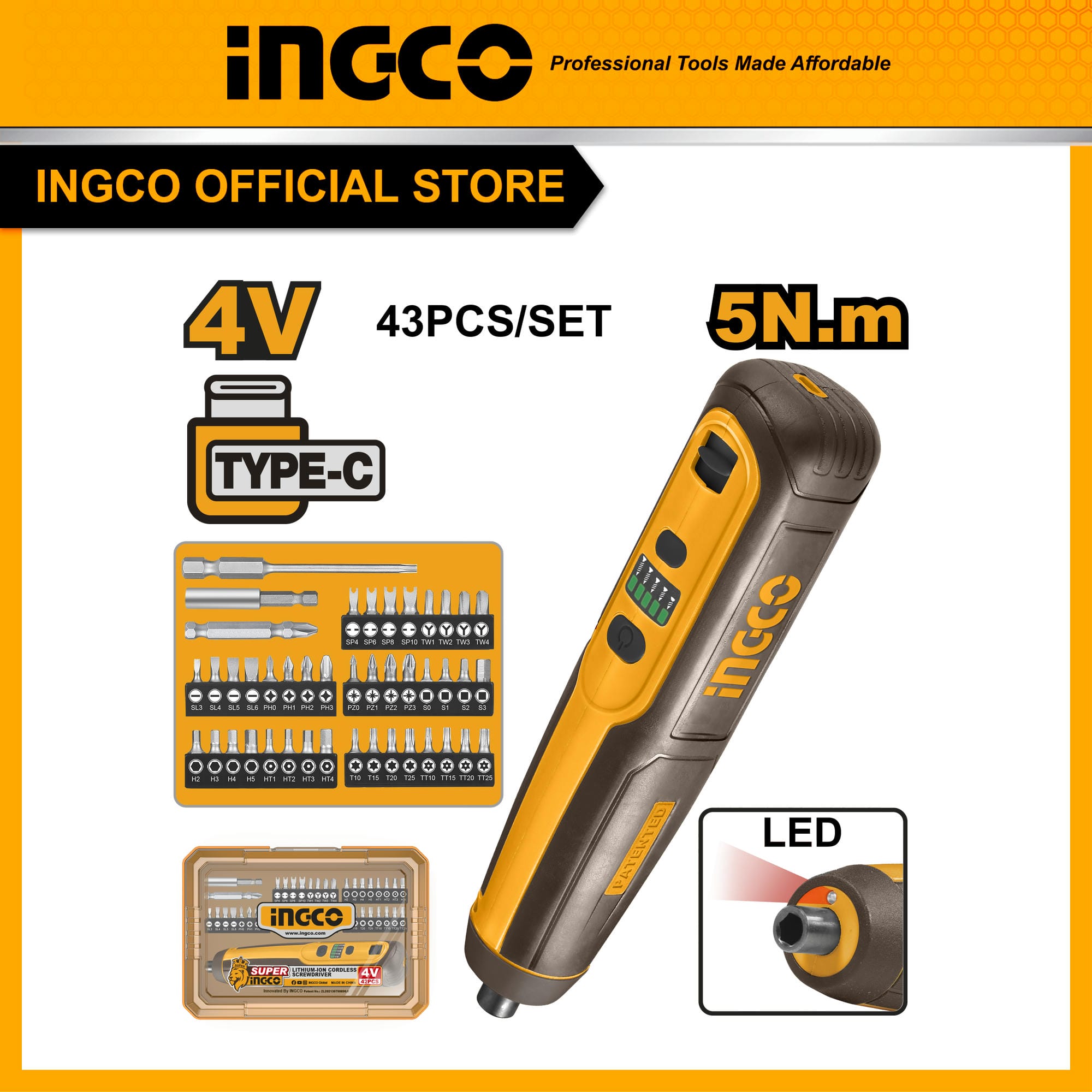 Máy siết vít dùng pin 4V INGCO CSDLI04062 lực siết 5Nm cống sạc type C (cáp được bán riêng)