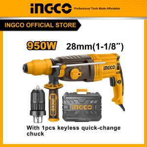 Máy khoan bê tông 950W INGCO RGH9528-2 kèm đầu chuyển đổi mũi khoan kẹp (khoan gỗ, tường, kim loại), lực tác động 2,5J hệ thống mâm cặp SDS plus
