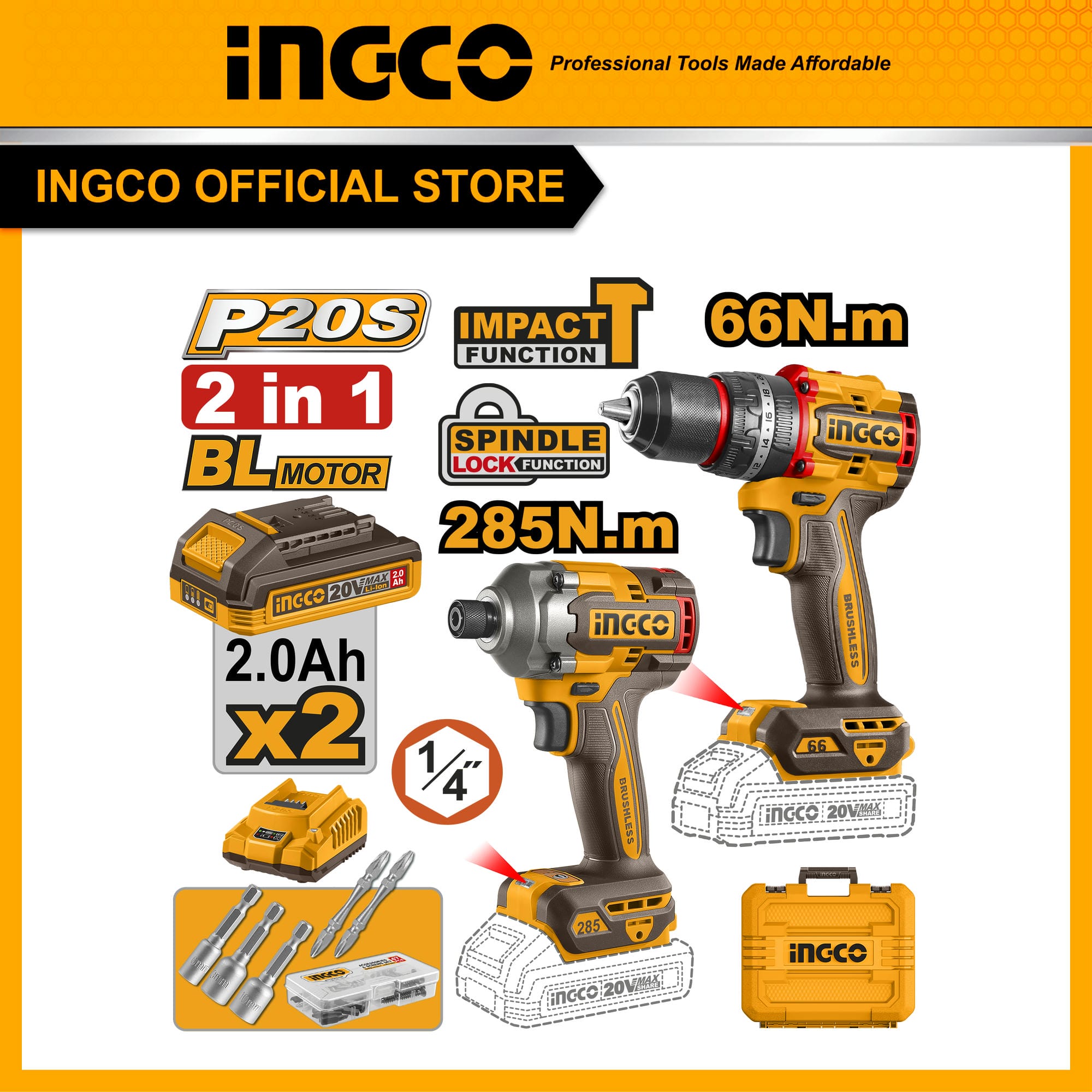 Bộ combo INGCO CKLI20277 máy máy siết vít pin CIRLI20281 285Nm và máy khoan pin CIDLI206681 66Nm ba chức năng có búa 20V, motor không chổi than