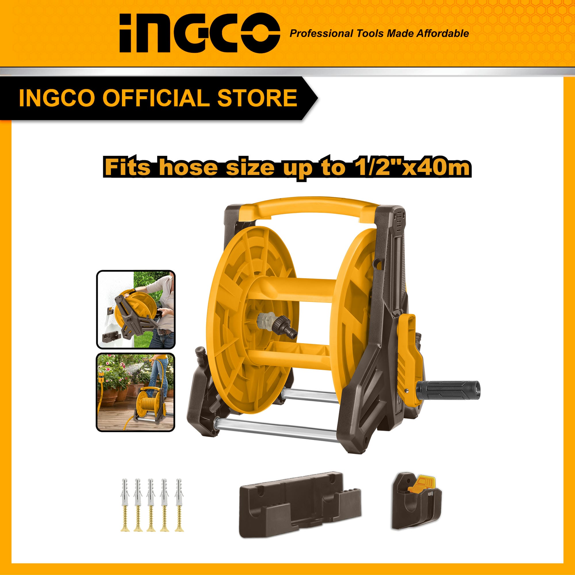 Bộ khung cuộn dây ống nước INGCO HHR40122 có thể treo tường tưới cây, rửa xe