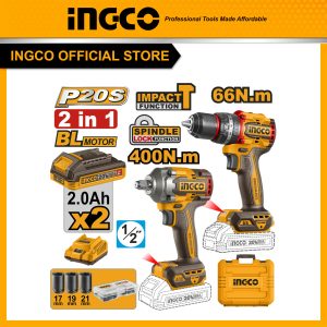 Bộ combo INGCO CKLI20275 máy siết bu lông 400Nm và máy khoan pin có búa 66Nm dùng pin 20V motor không chổi than