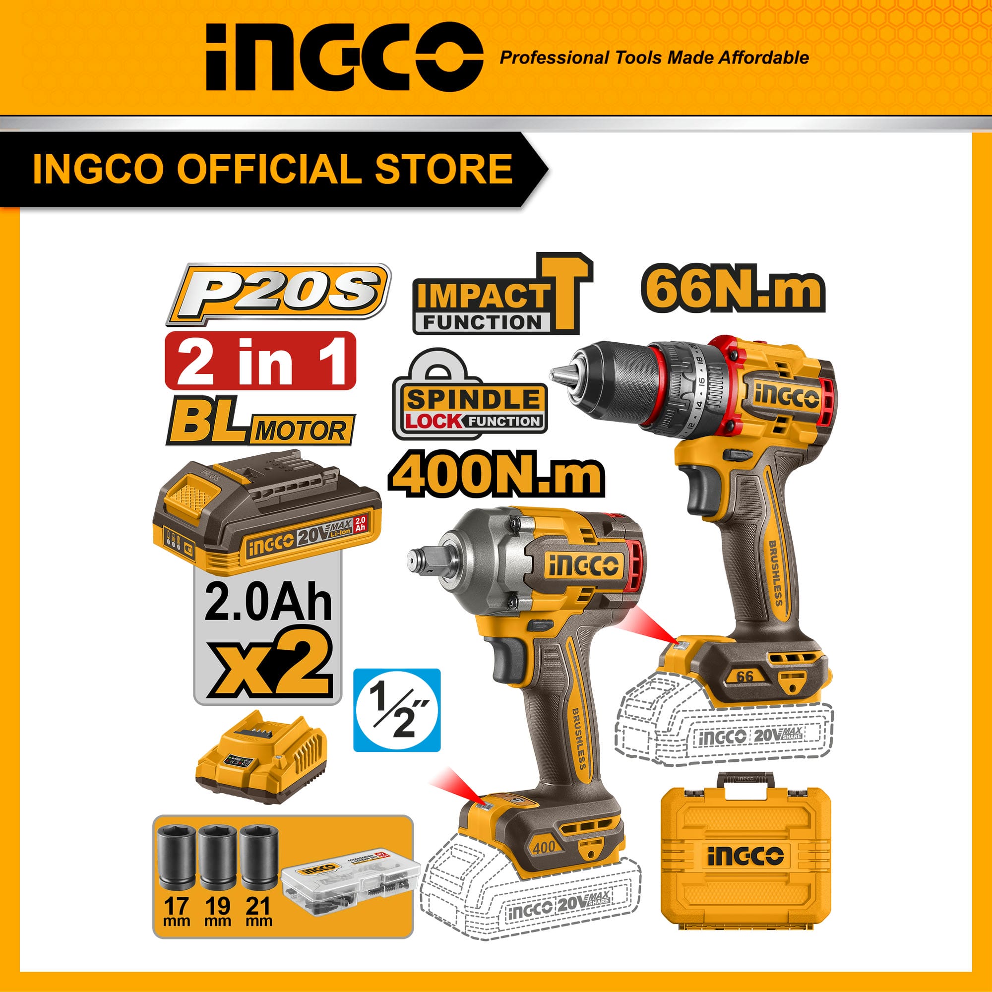 Bộ combo INGCO CKLI20275 máy siết bu lông 400Nm và máy khoan pin có búa 66Nm dùng pin 20V motor không chổi than