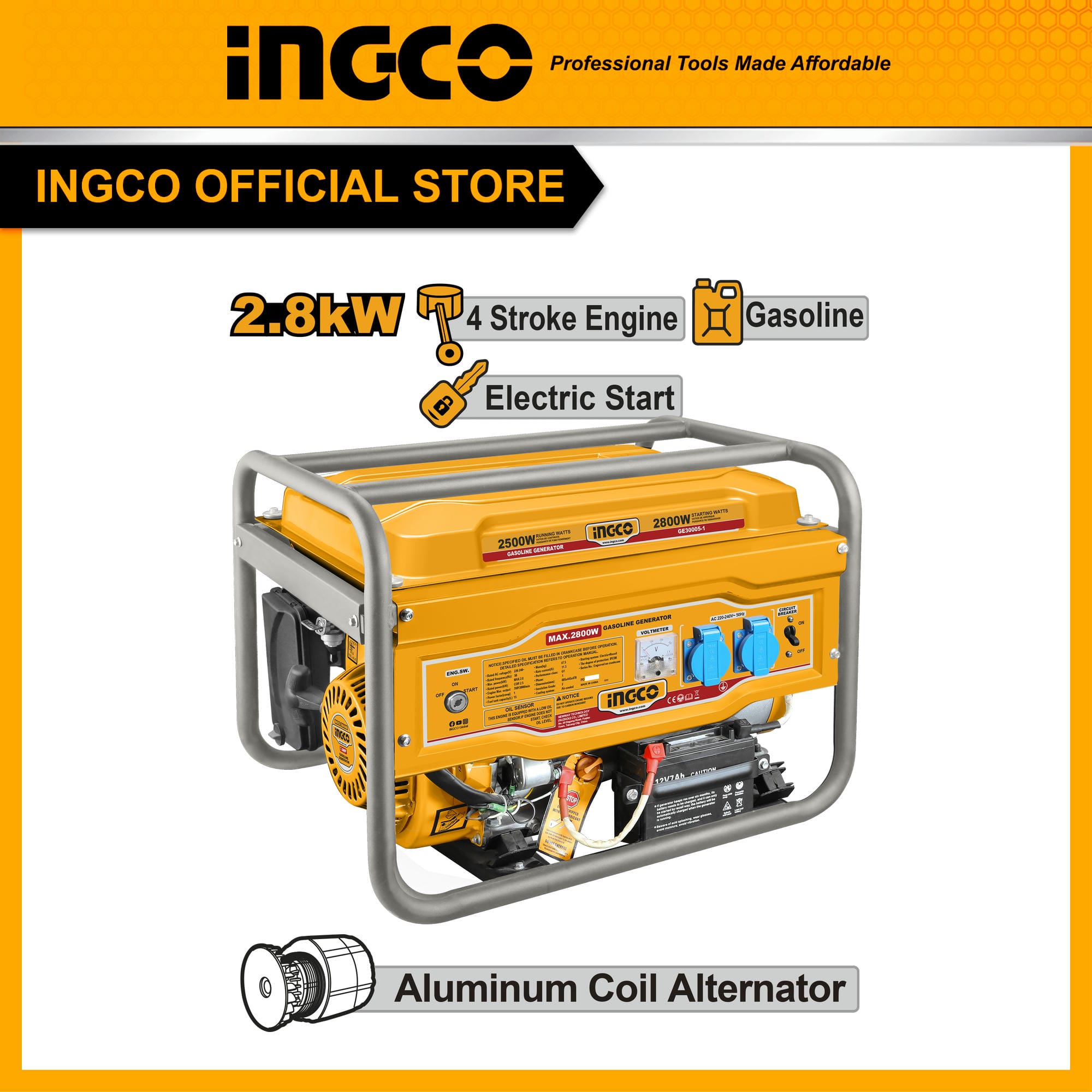 Máy phát điện 2.8kW INGCO GE30005-1 động cơ xăng 4 thì, OHV đề nổ giật nổ cuộn nhôm