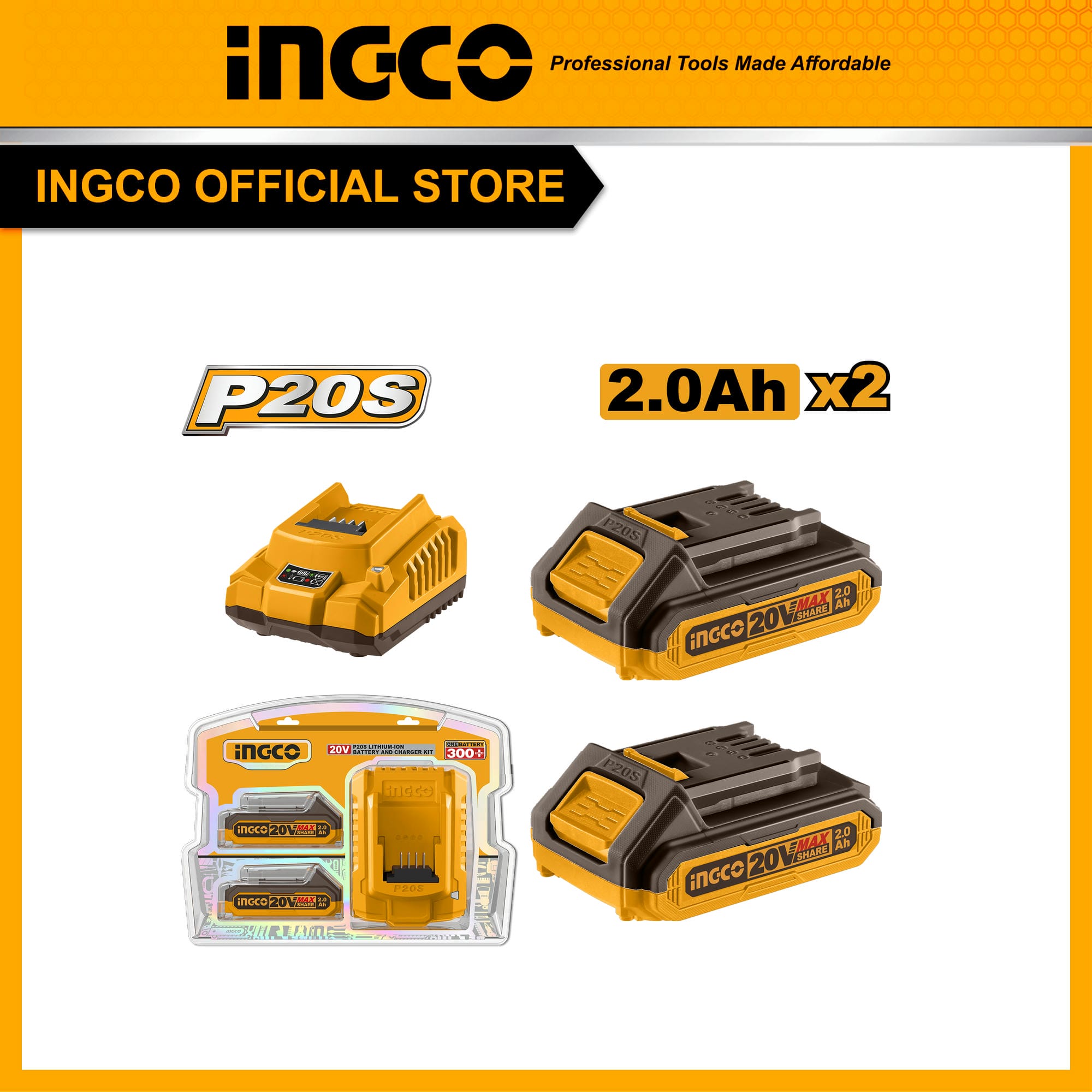 Bộ combo 2 pin 2.0Ah (FBLI20011) và 1 sạc (FCLI2001) INGCO FBCPK1222