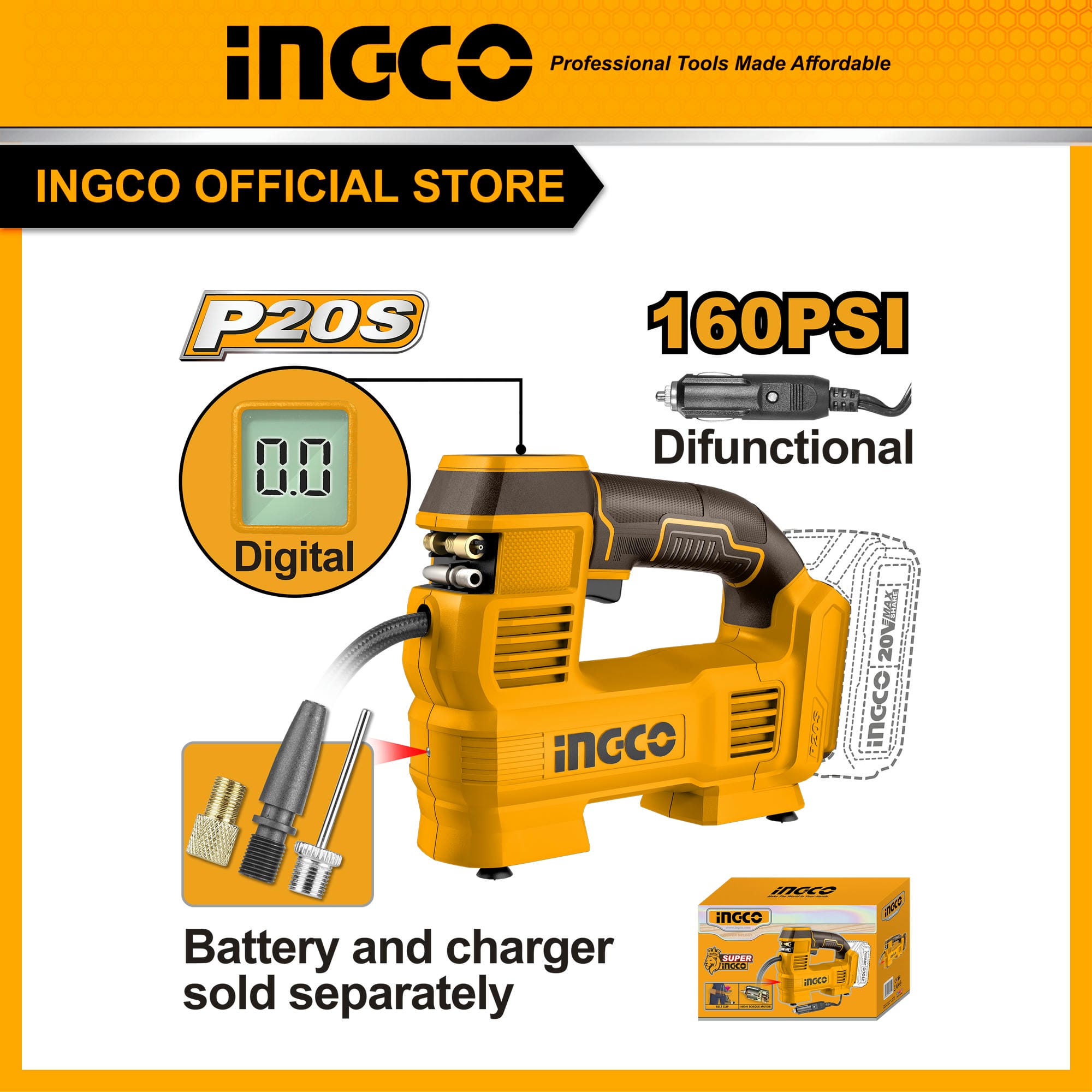 Dụng cụ bơm lốp xe ô tô dùng pin 20V INGCO CACLI2012 Kèm 1 dây 3m và đầu tẩu, có bảng điện tử hiển thị (chưa kèm pin và sạc)