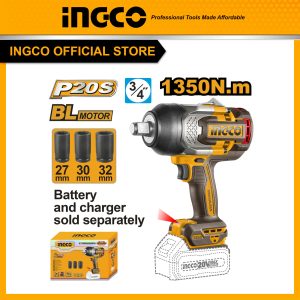 Thân máy siết bu lông INGCO CIWLI201351 dùng pin 20V motor không chổi than, lực siết 1350Nm, trục 3/4" , đầu tuýp 27, 30, 32mm (chưa kèm pin sạc)
