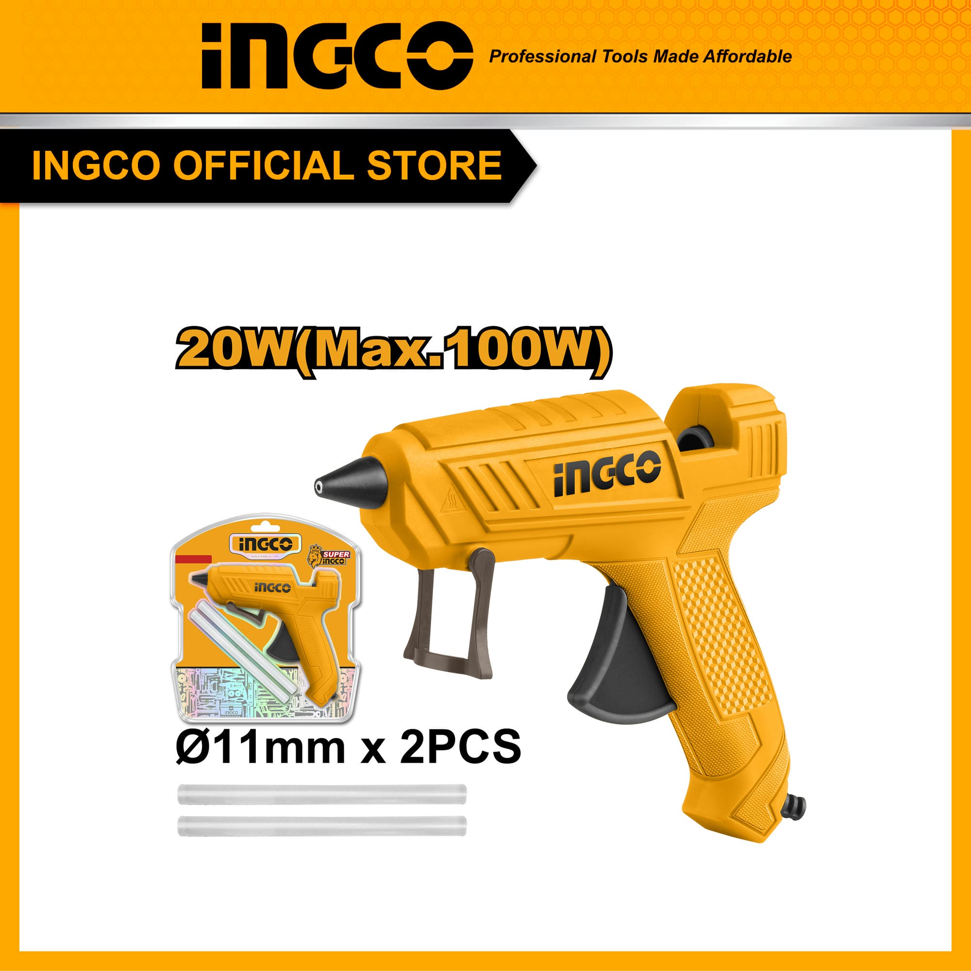 Súng bắn keo nến INGCO GG148 dùng điện 20W kèm 2 thanh keo Ø11,2mm, keo dài 150mm