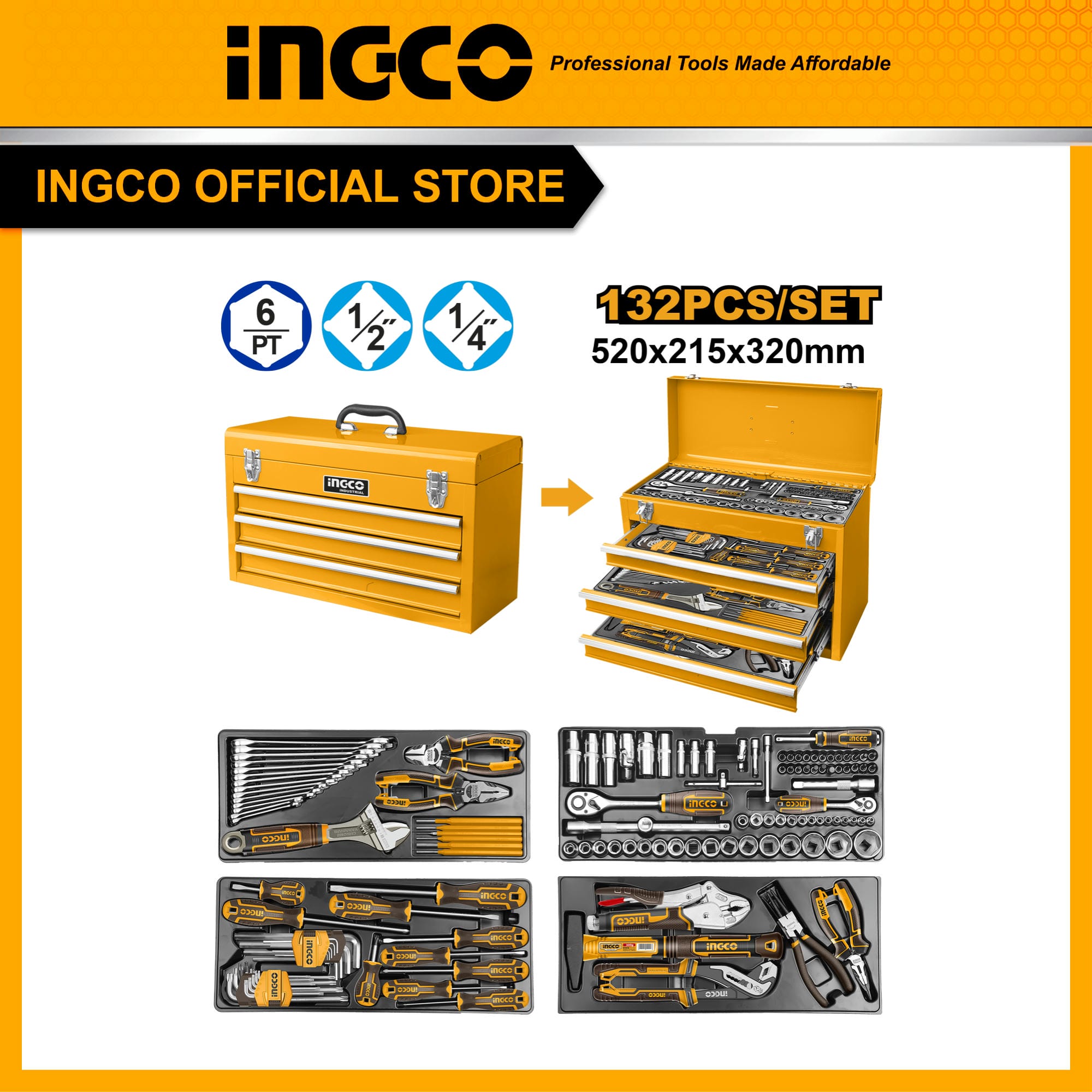 Bộ 132 chi tiết INGCO HTCS221321 công cụ sửa chữa, dụng cụ đồ nghề loại hộp sắt 3 ngăn size 520x215x320mm