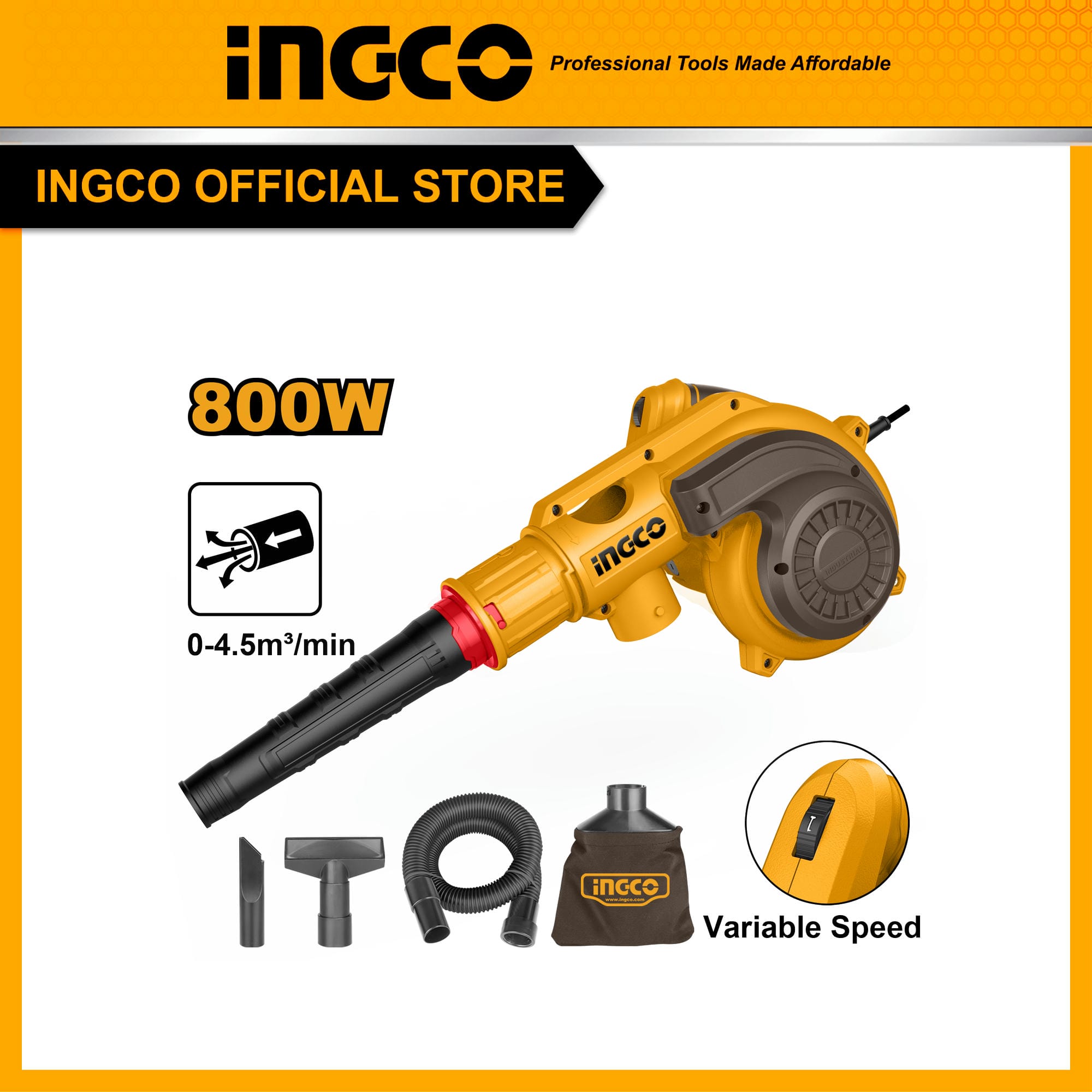 Máy thổi hút bụi dùng điện 800W INGCO AB8038 có điều chỉnh tốc độ, máy có thể đảo chiều hút và phụ kiện đi kèm tiện tích cho xưởng, công trình và gia đình