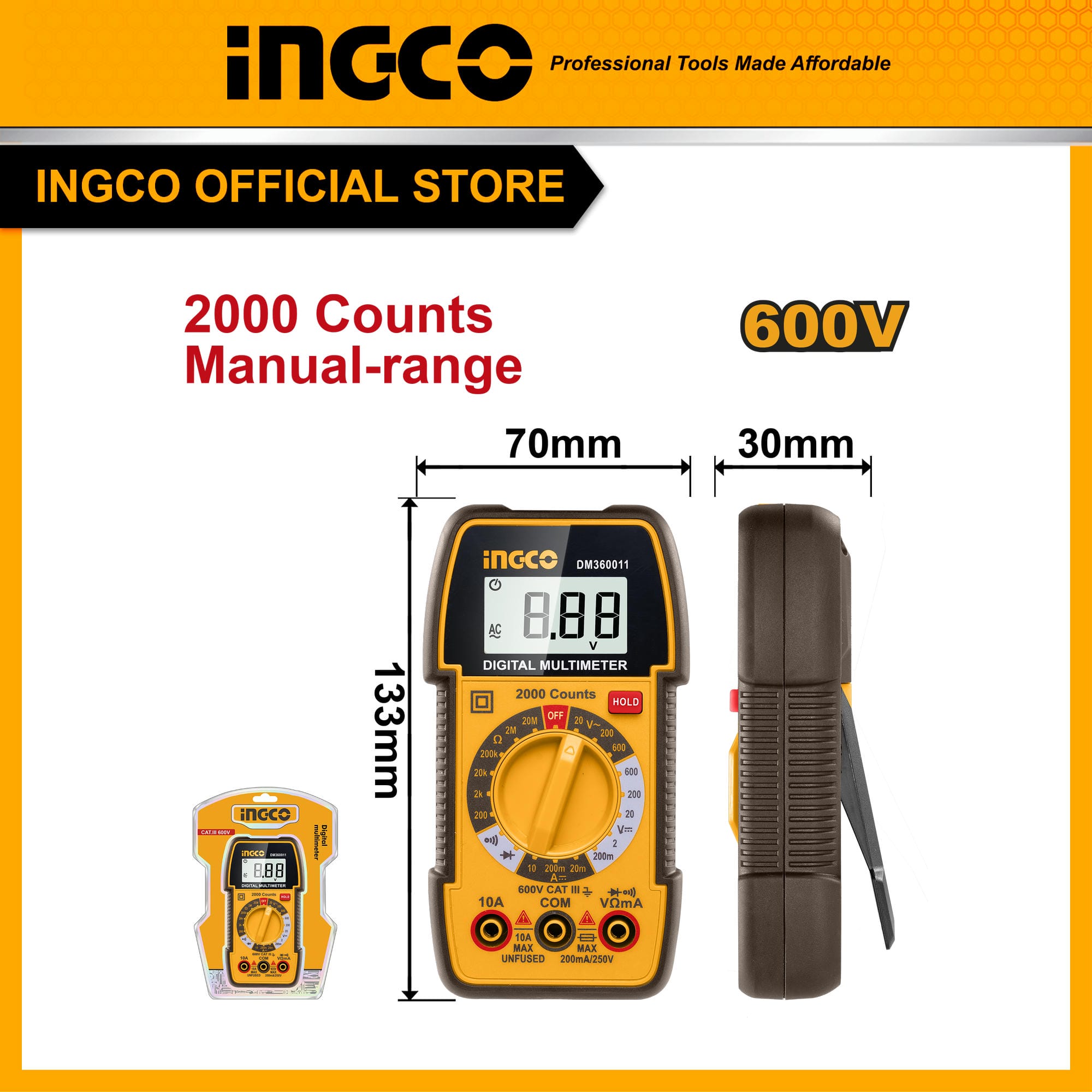 Đồng hồ đo điện vạn năng INGCO DM360011 đo điện áp DC, dòng điện DC, điện áp xoay chiều, điện trở