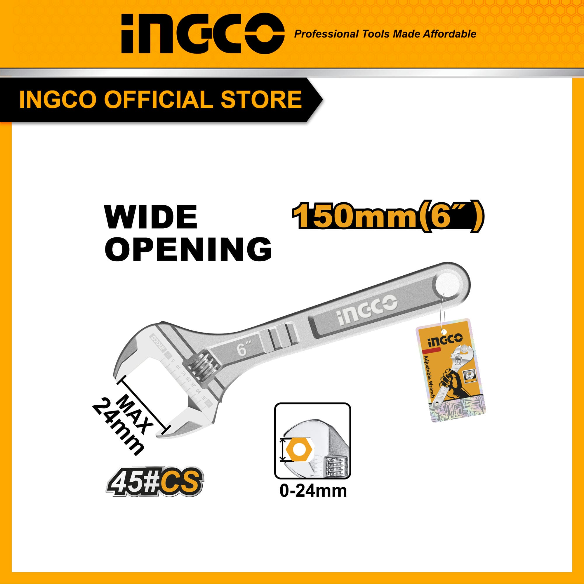 Mỏ lết 150mm (6") INGCO HADW131062 mở rộng 0-24mm