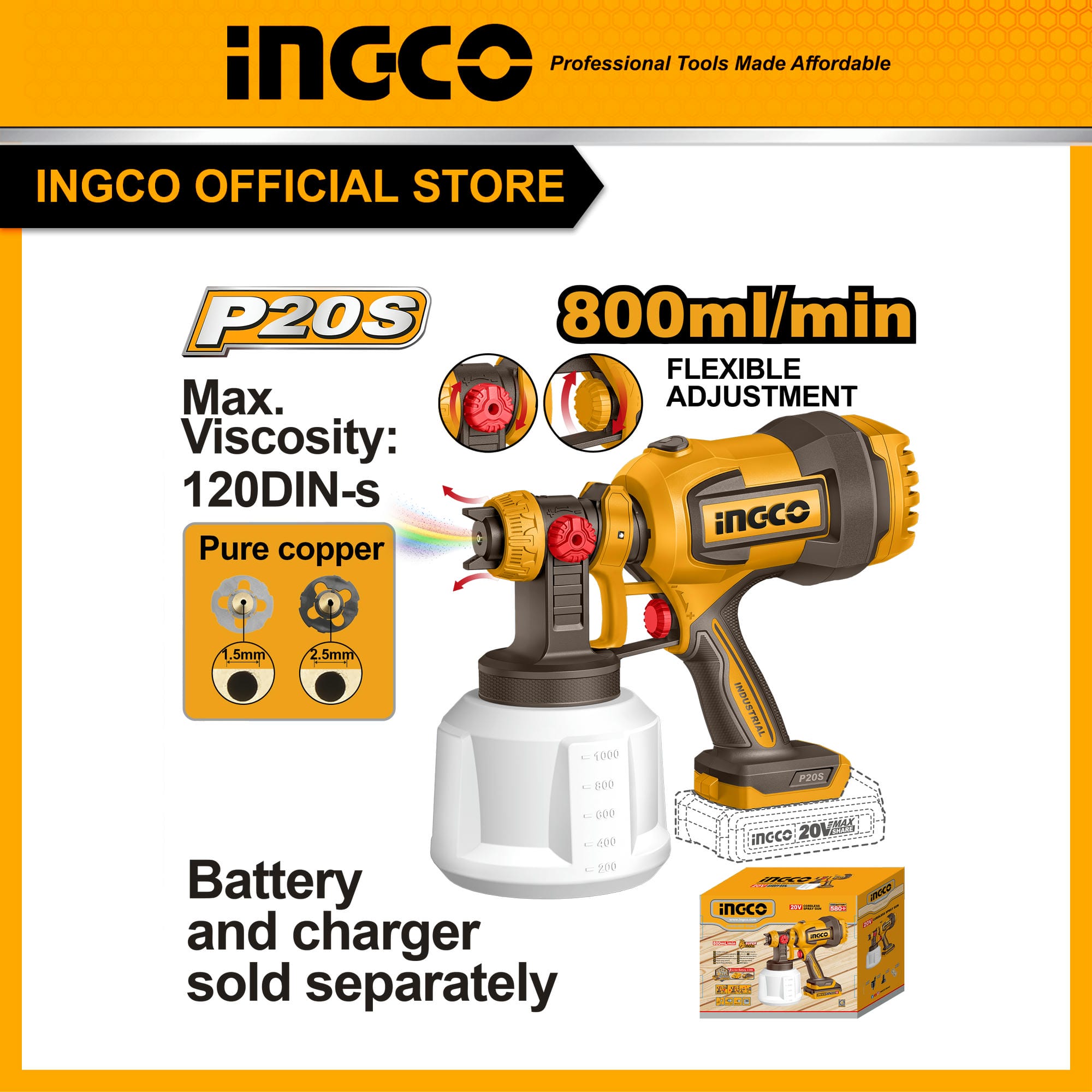 Máy phun sơn dùng pin 20V INGCO CSGLI2004 (thân máy chưa kèm pin và sạc) đầu béc 1.5mm, 2.5mm độ nhớt sơn max 120DIN-s