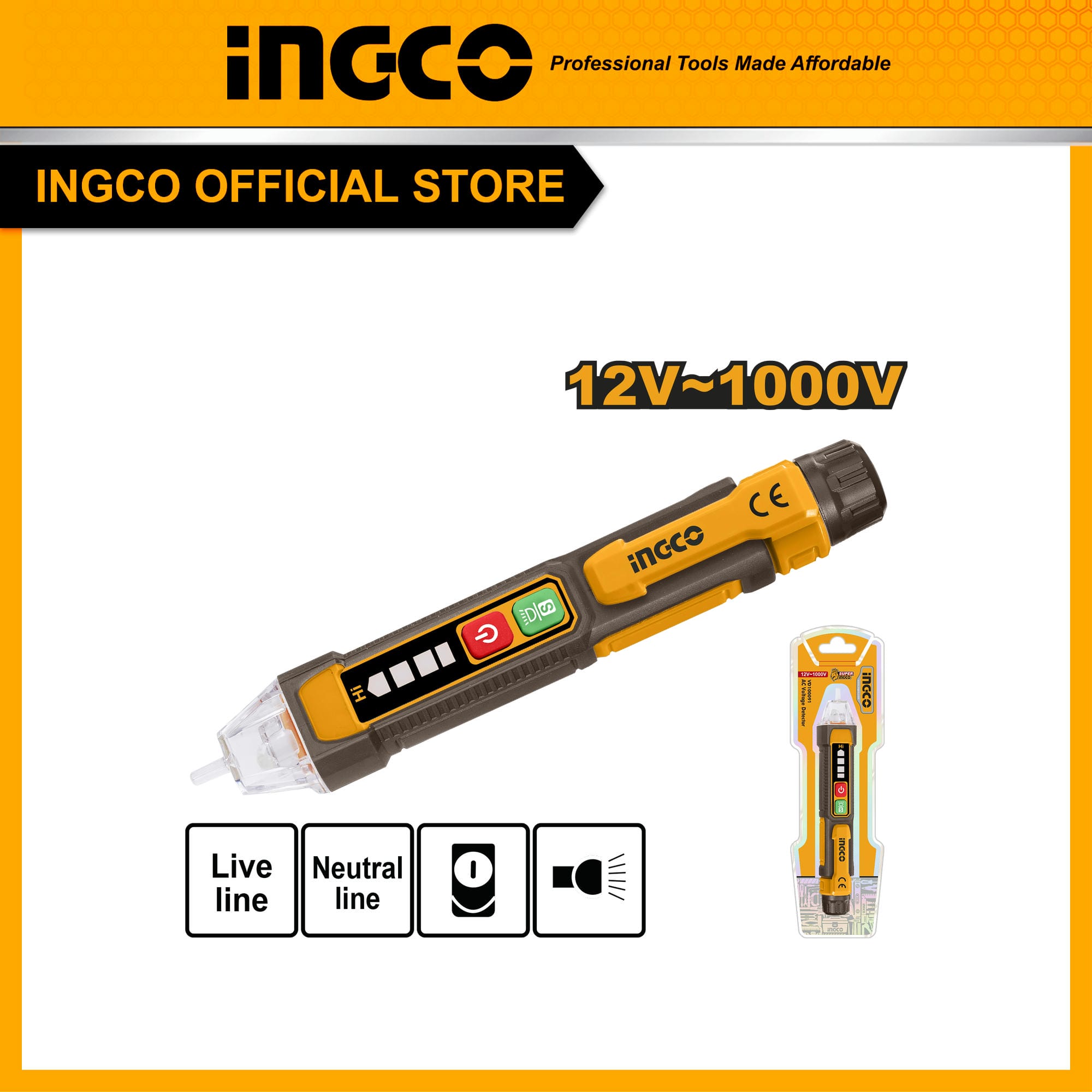 Đầu dò điện cảm ứng báo tín hiệu âm thanh và ánh sáng INGCO VD100091 điện áp AC 12V ~ 1000V
