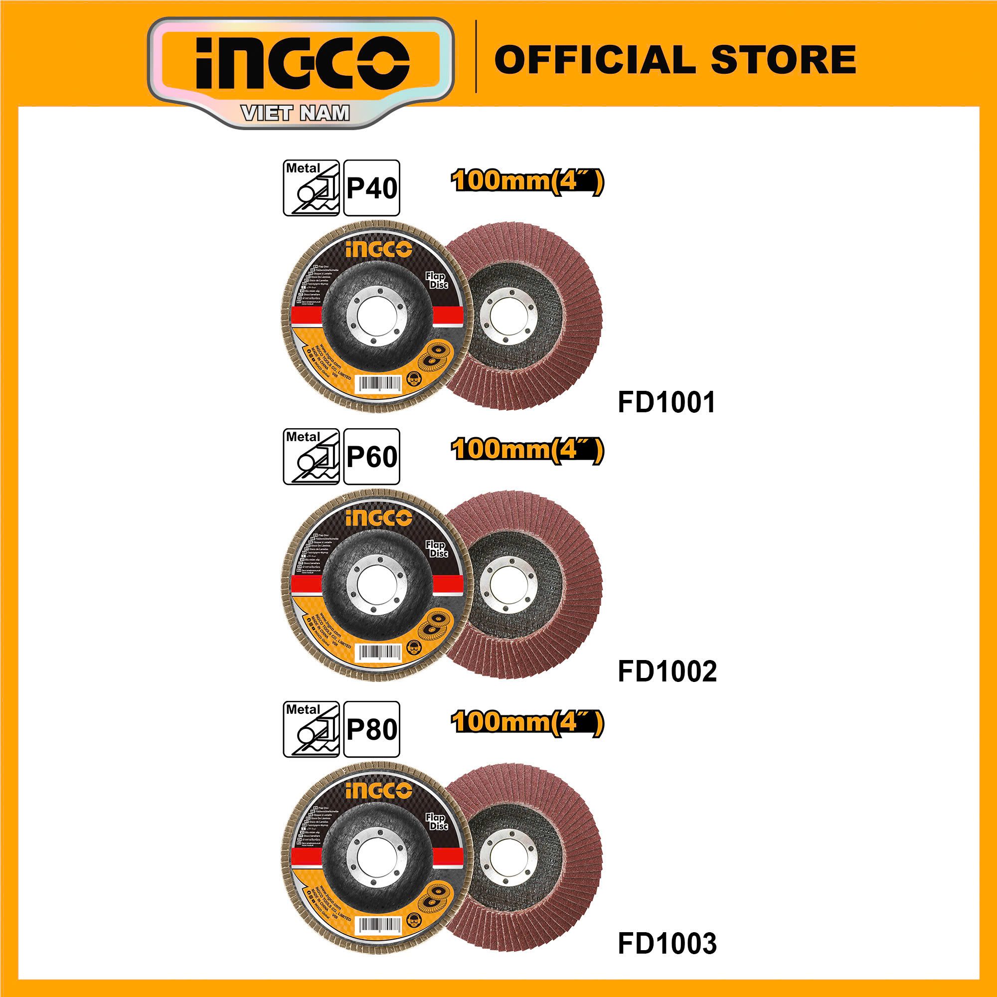 Combo 3 đĩa nhám xếp 3 độ nhám P40, P60, P80 đánh nhám bề mặt kim loại, gỗ, nhựa, inox, sơn cũ, mối hàn INGCO CBFD123 giá rẻ