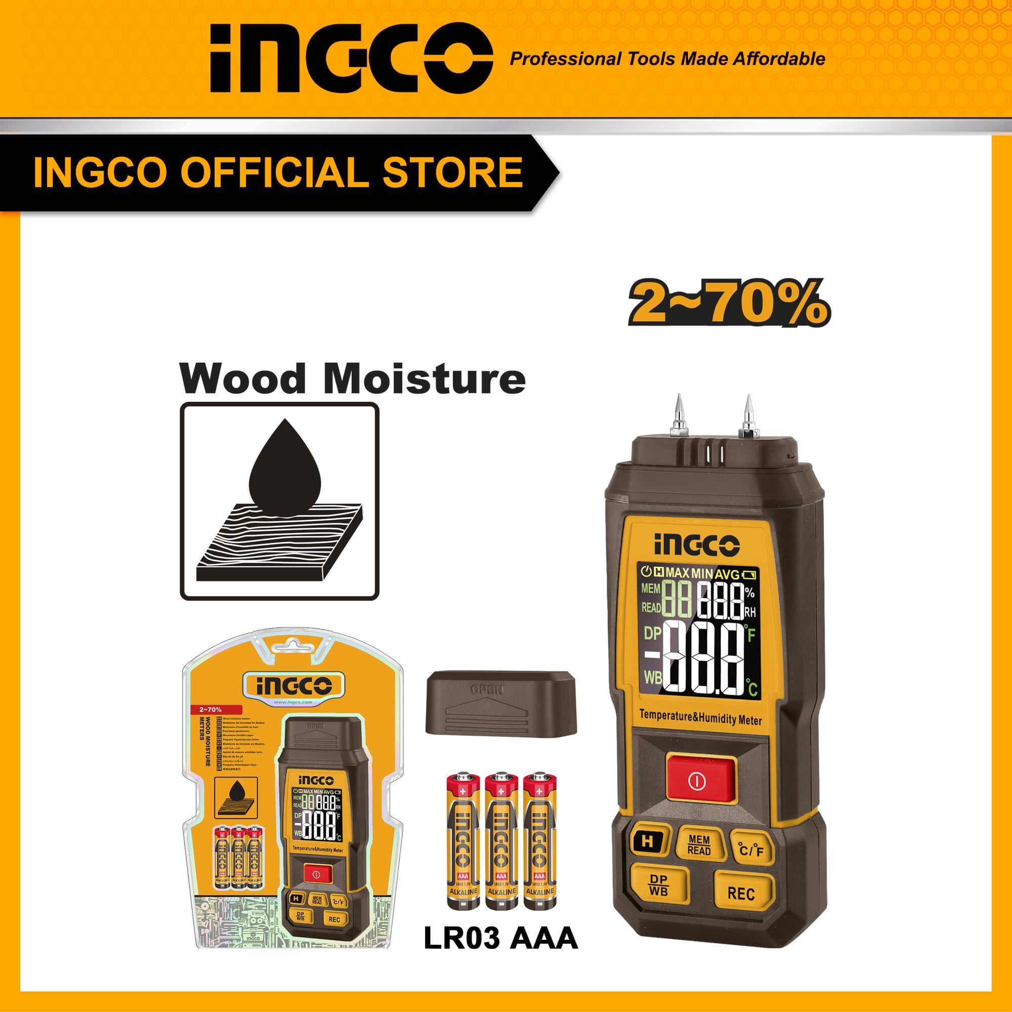 Thiết bị đo độ ẩm gỗ, phạm vi đo 2 - 70% INGCO HETWM031