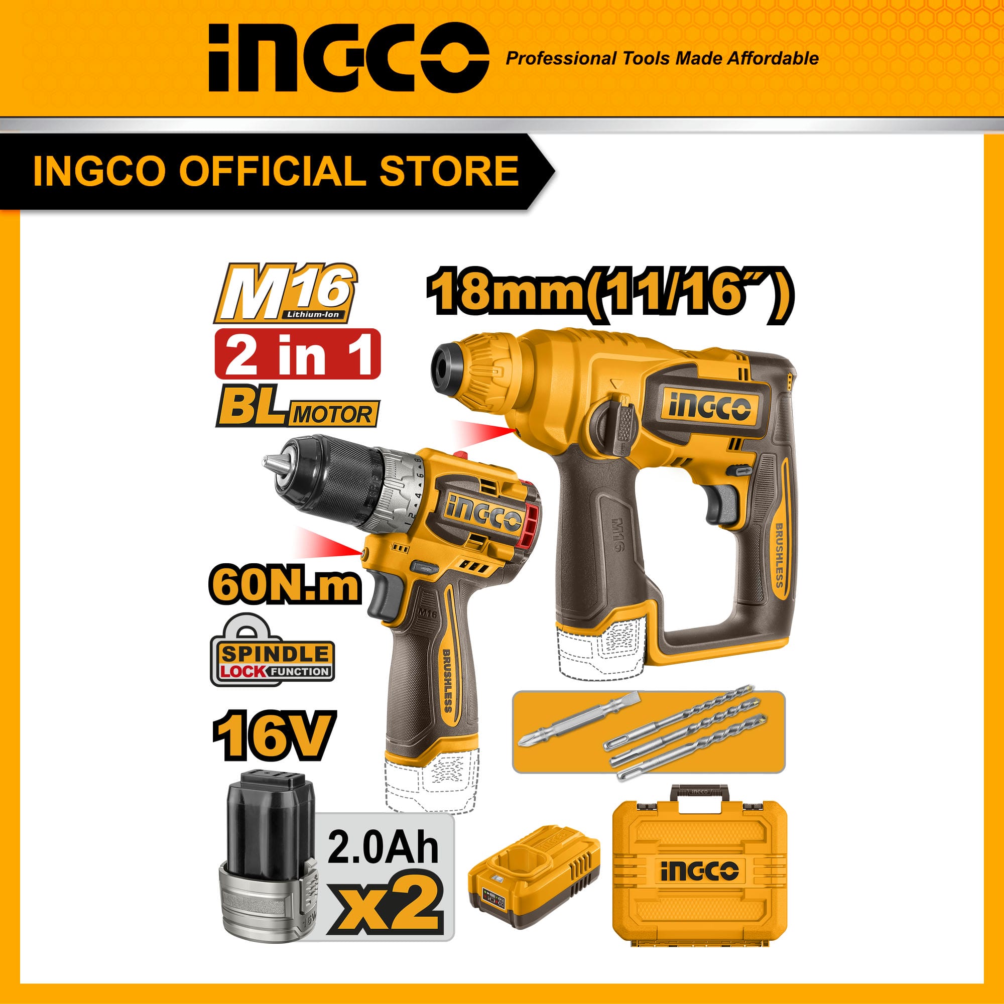 Bộ combo máy khoan và máy khoan bê tông INGCO COSLI241295 pin 16V