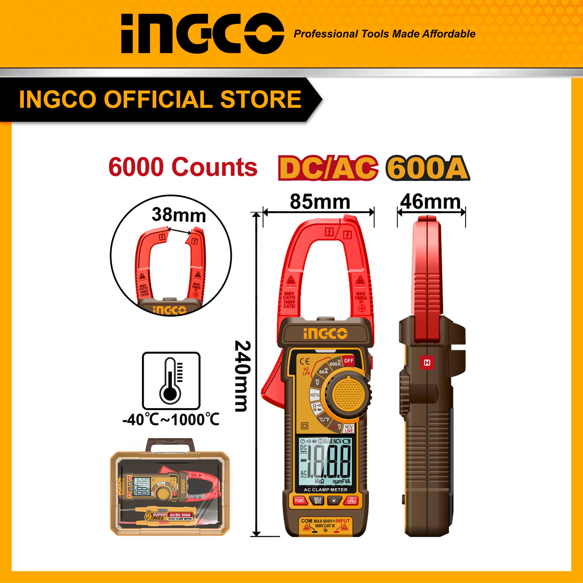 Đồng hồ kẹp dòng INGCO DCM66002 600A AC/DC, 6000 số đếm