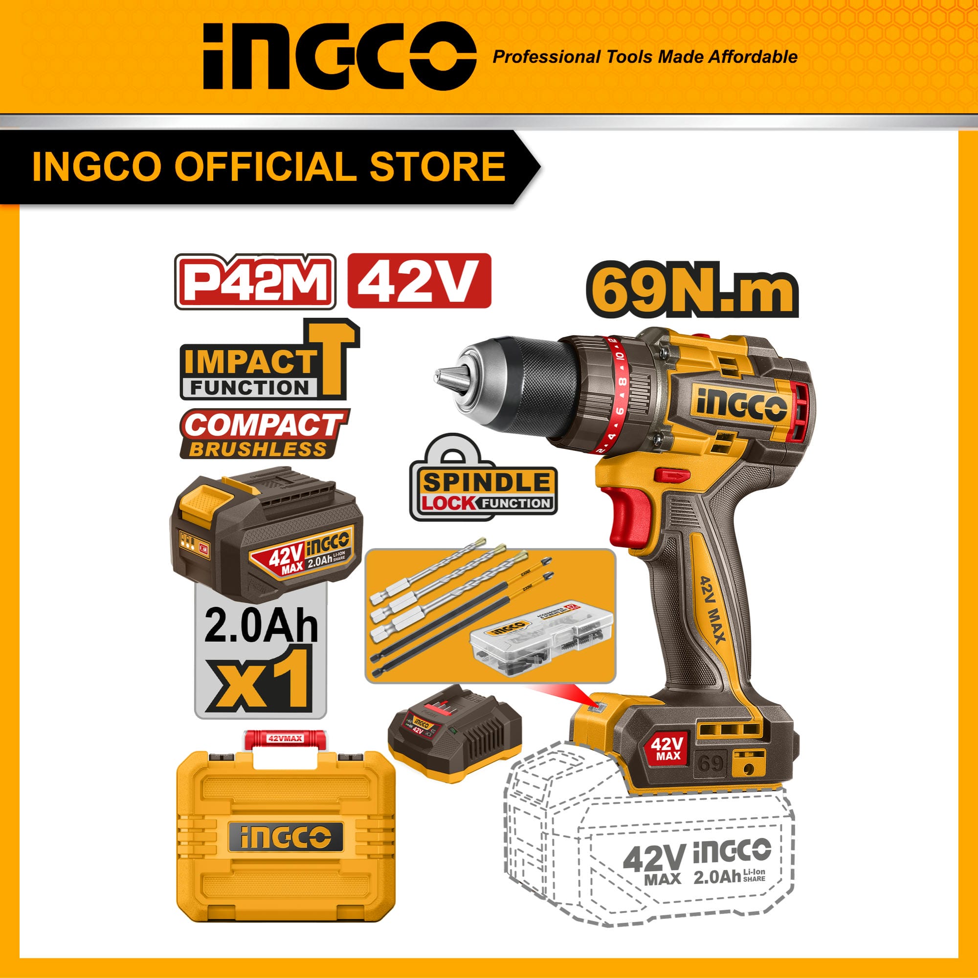 Máy khoan pin 42V Max INGCO CIDLI426981 3 chức năng motor không chổi than