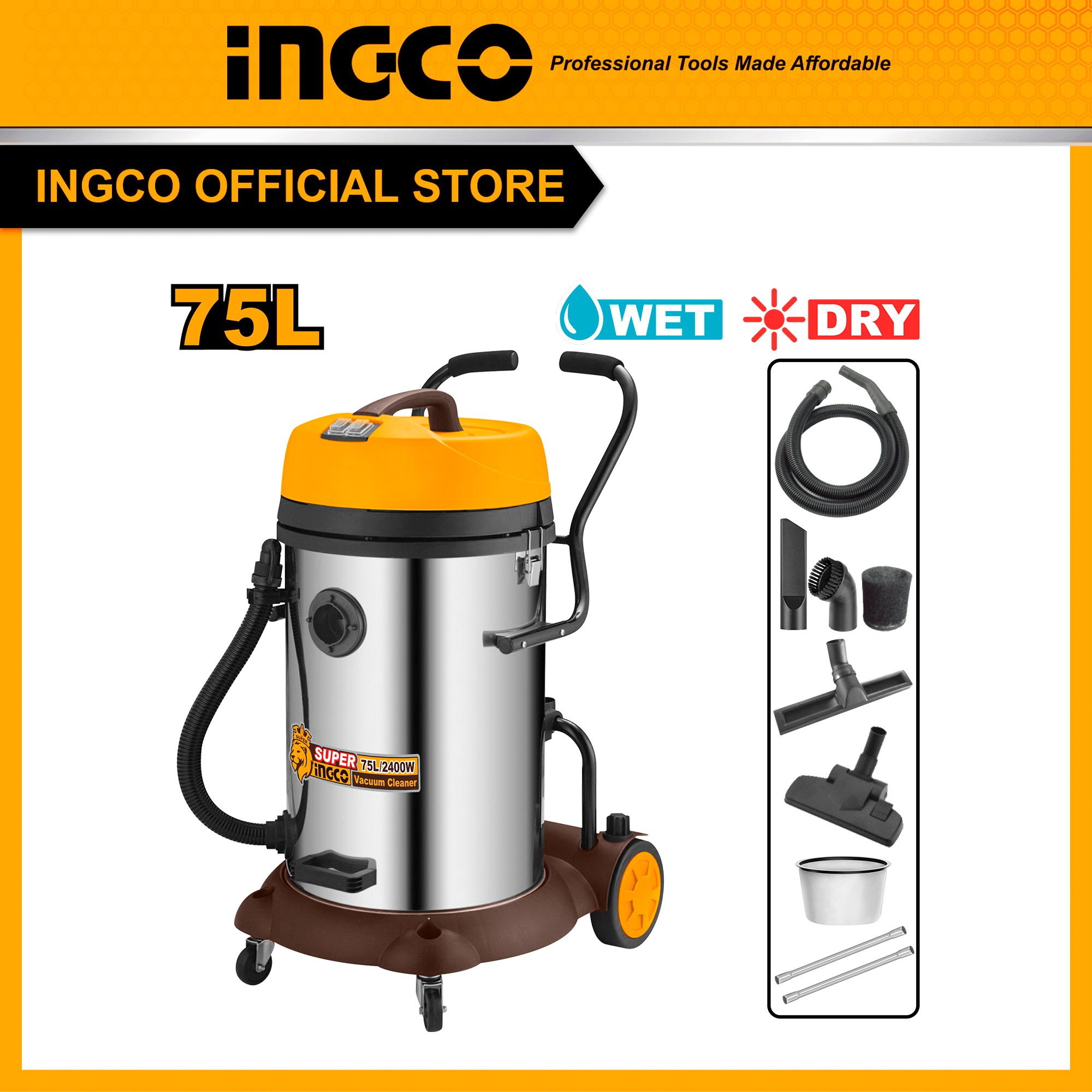 Máy hút bụi INGCO VC24751 có hút nước, bình 75L, 2x1200W