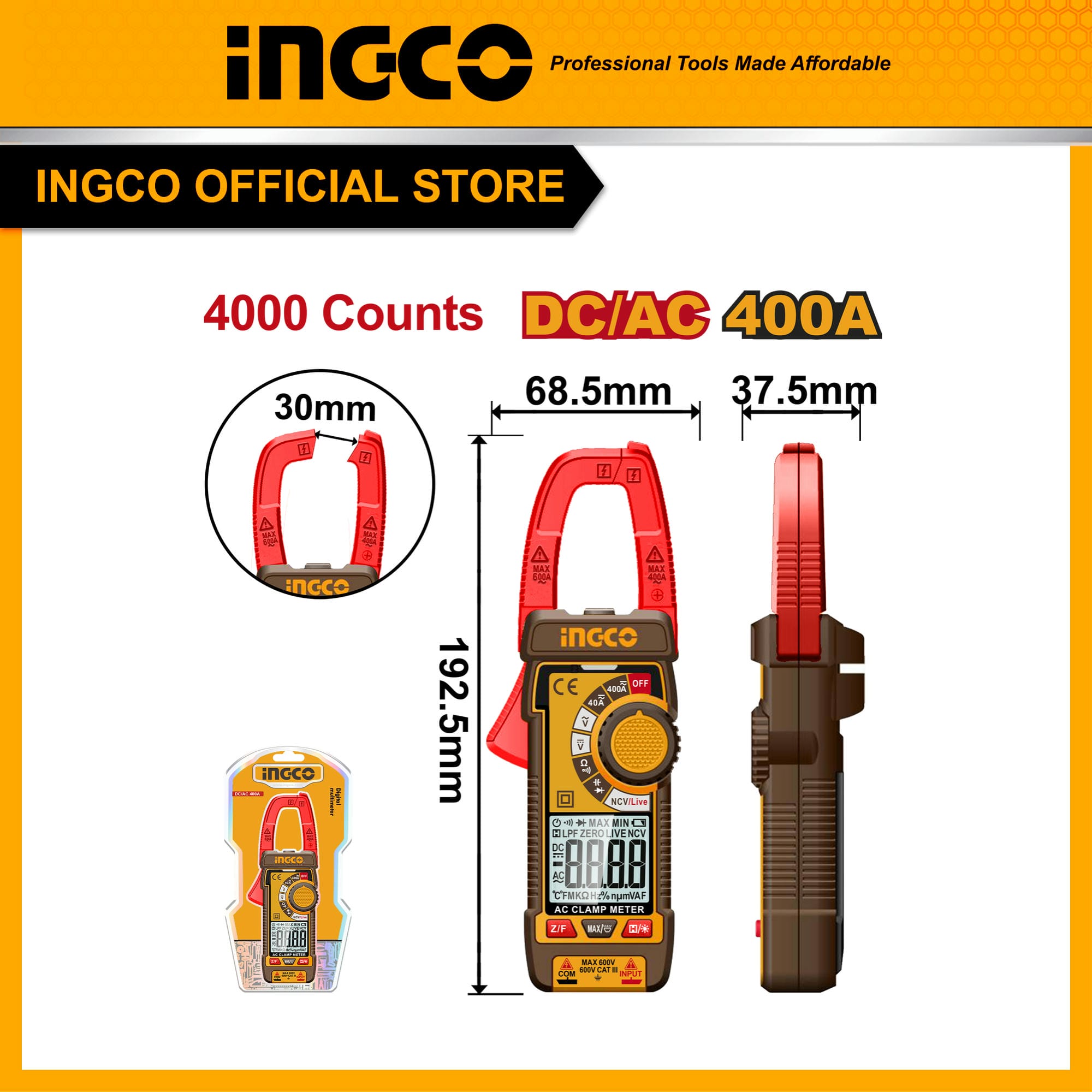 Đồng hồ kẹp dòng INGCO DCM62002 400A AC/DC, 4000 số đếm