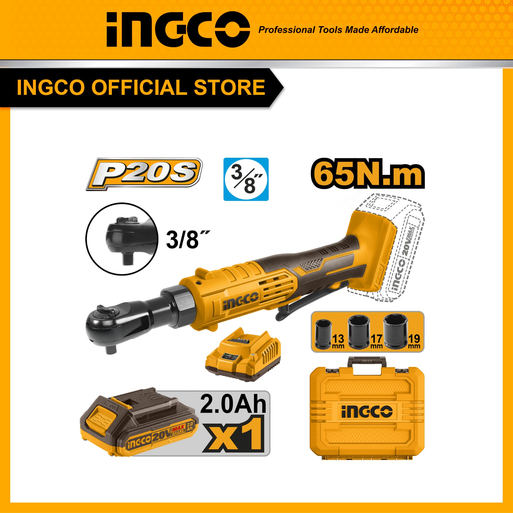 Máy siết bu lông góc pin INGCO CDRLI2060152 20V-65Nm