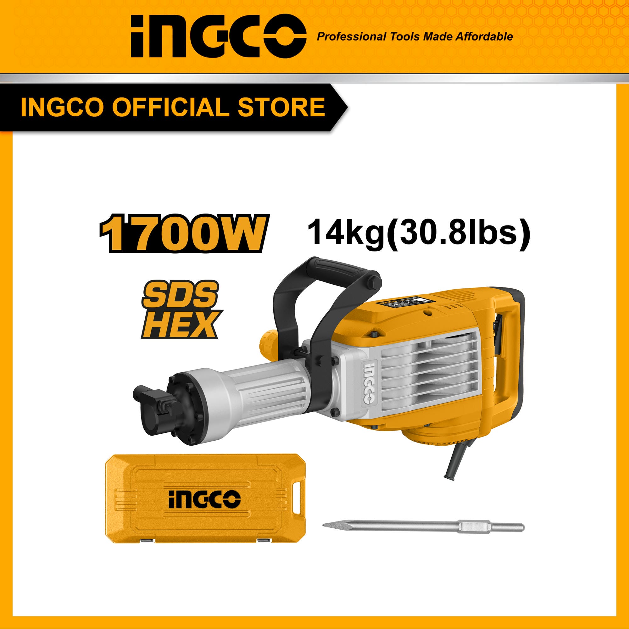 Máy đục bê tông 30ly INGCO PDB170068 1700W 50J kèm 1 mũi đục
