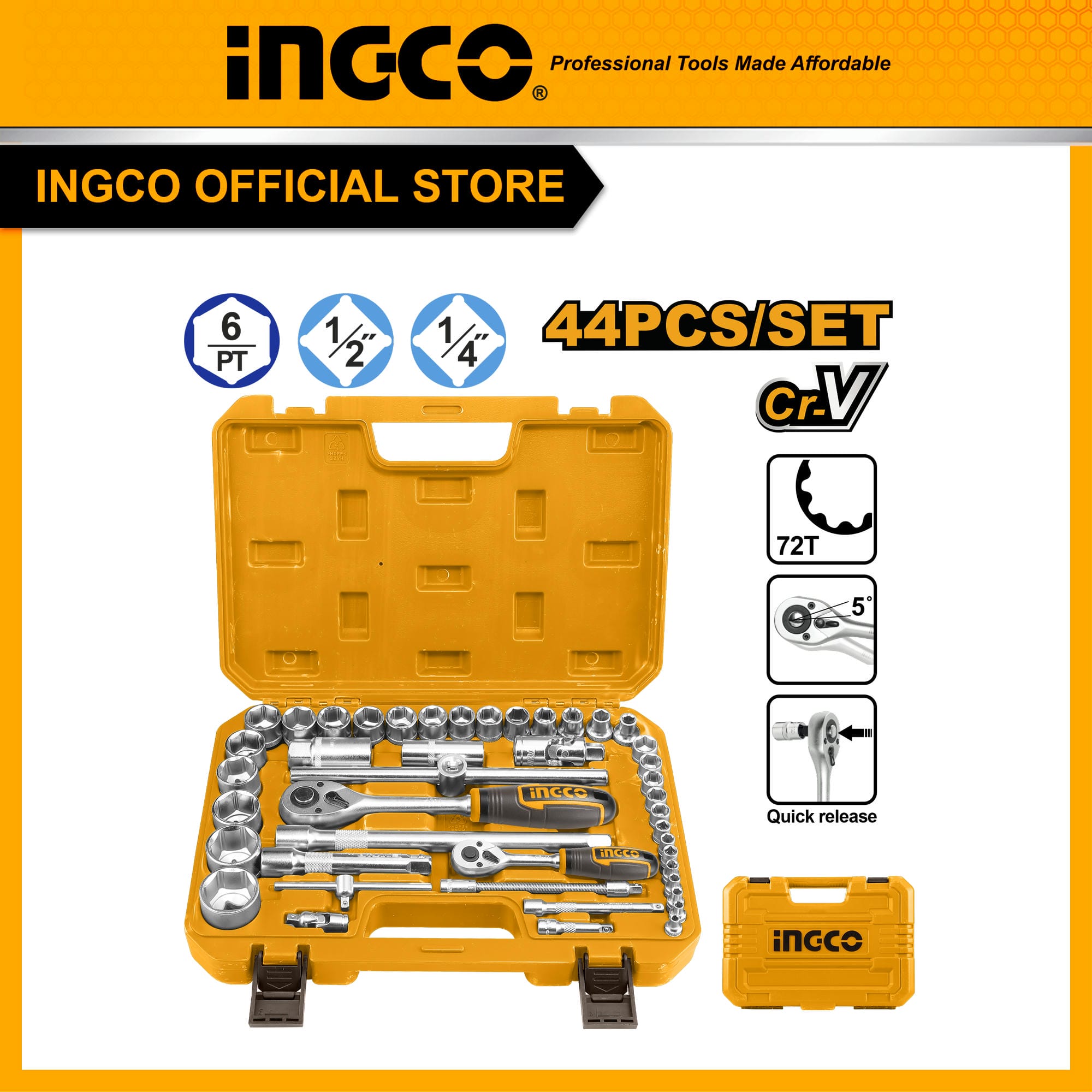 Bộ đầu tuýp 44 chi tiết 1/4 và 1/2 inch INGCO HKTS42441