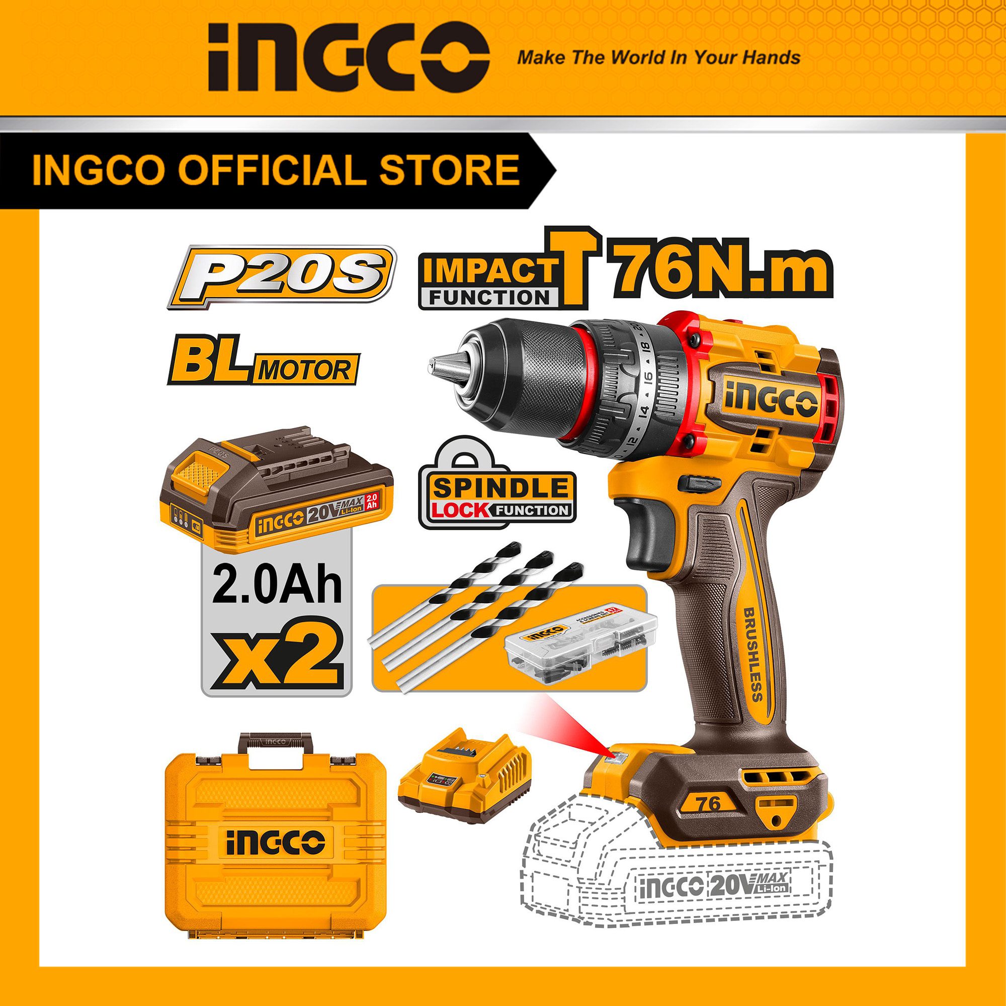 Máy khoan búa pin 20V không chổi than 76Nm INGCO CIDLI20768