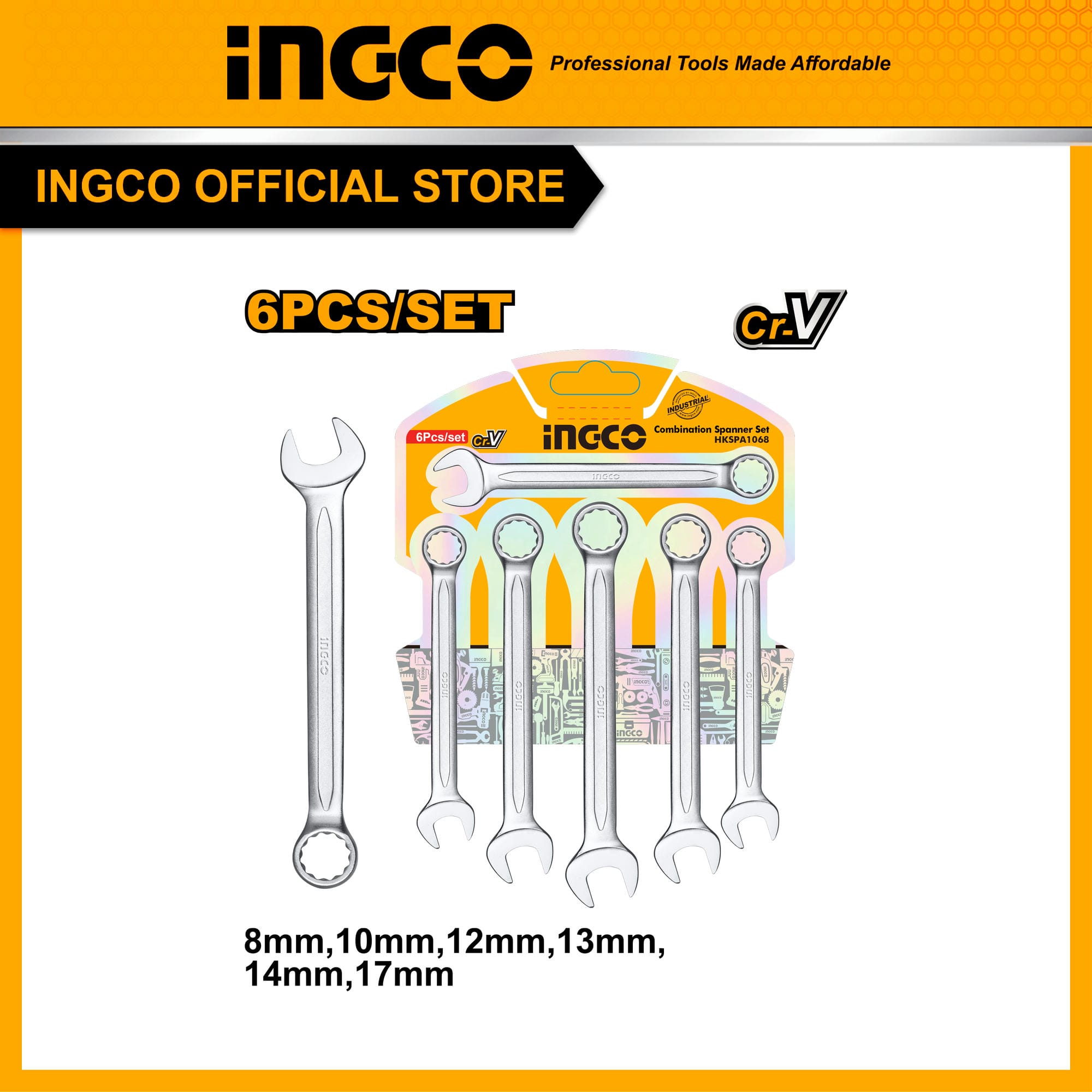 Bộ 6 cờ lê vòng 8 đến 17mm chất lượng cao INGCO HKSPA1068