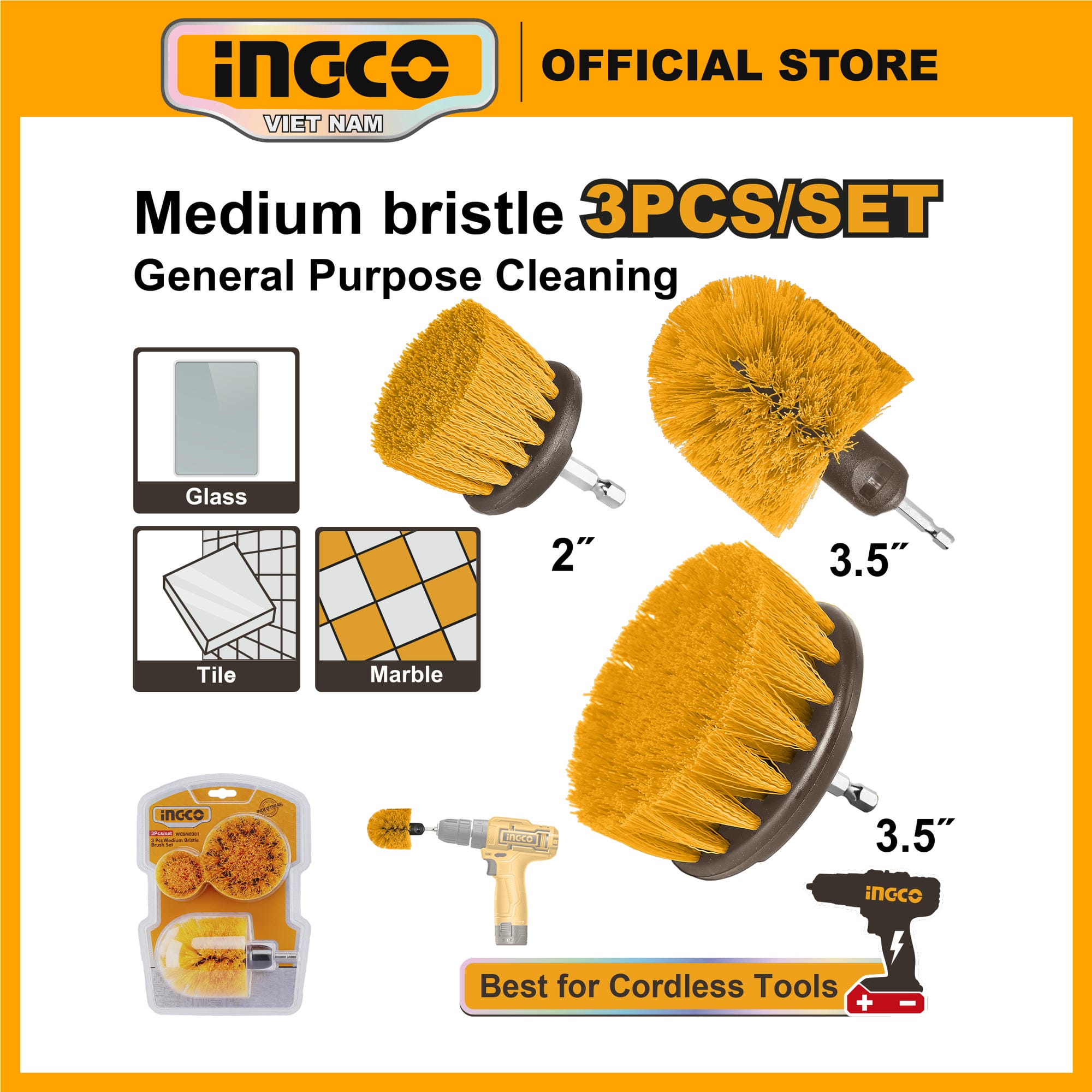 Bộ bàn chải vệ sinh gắn máy khoan INGCO WCBM0301 3 chi tiết
