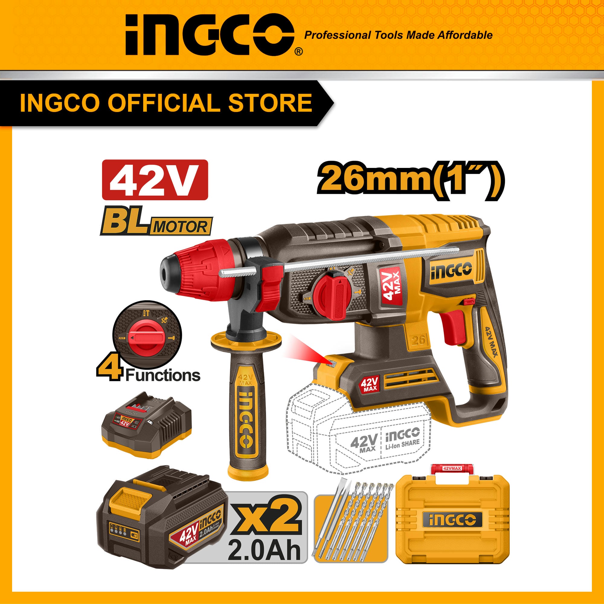 Máy khoan bê tông pin 3 chức năng không chổi than 42V max INGCO CRHLI422682