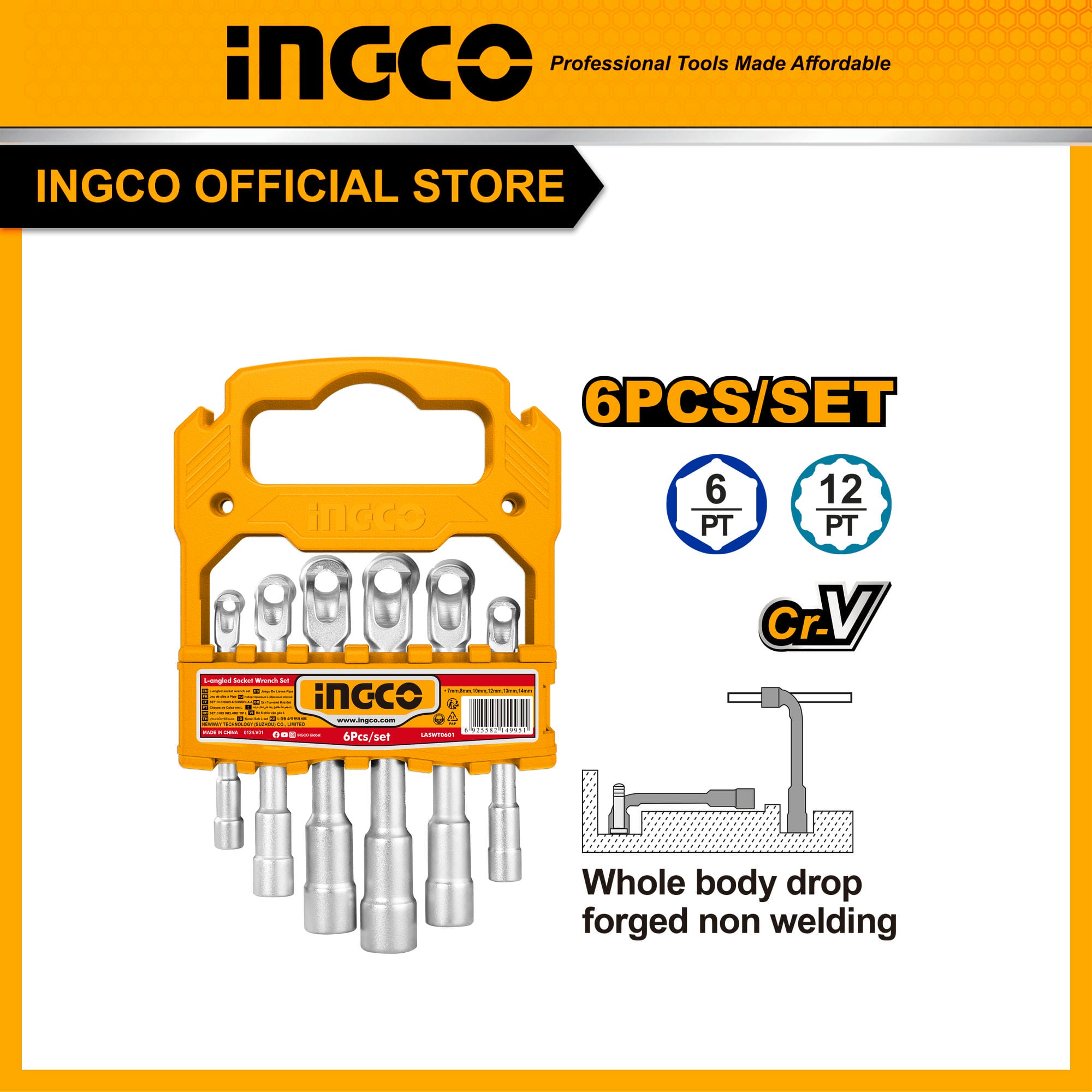 Bộ đầu tuýp chữ L 6 chi tiết 7 đến 14mm thép CRV INGCO LASWT0601