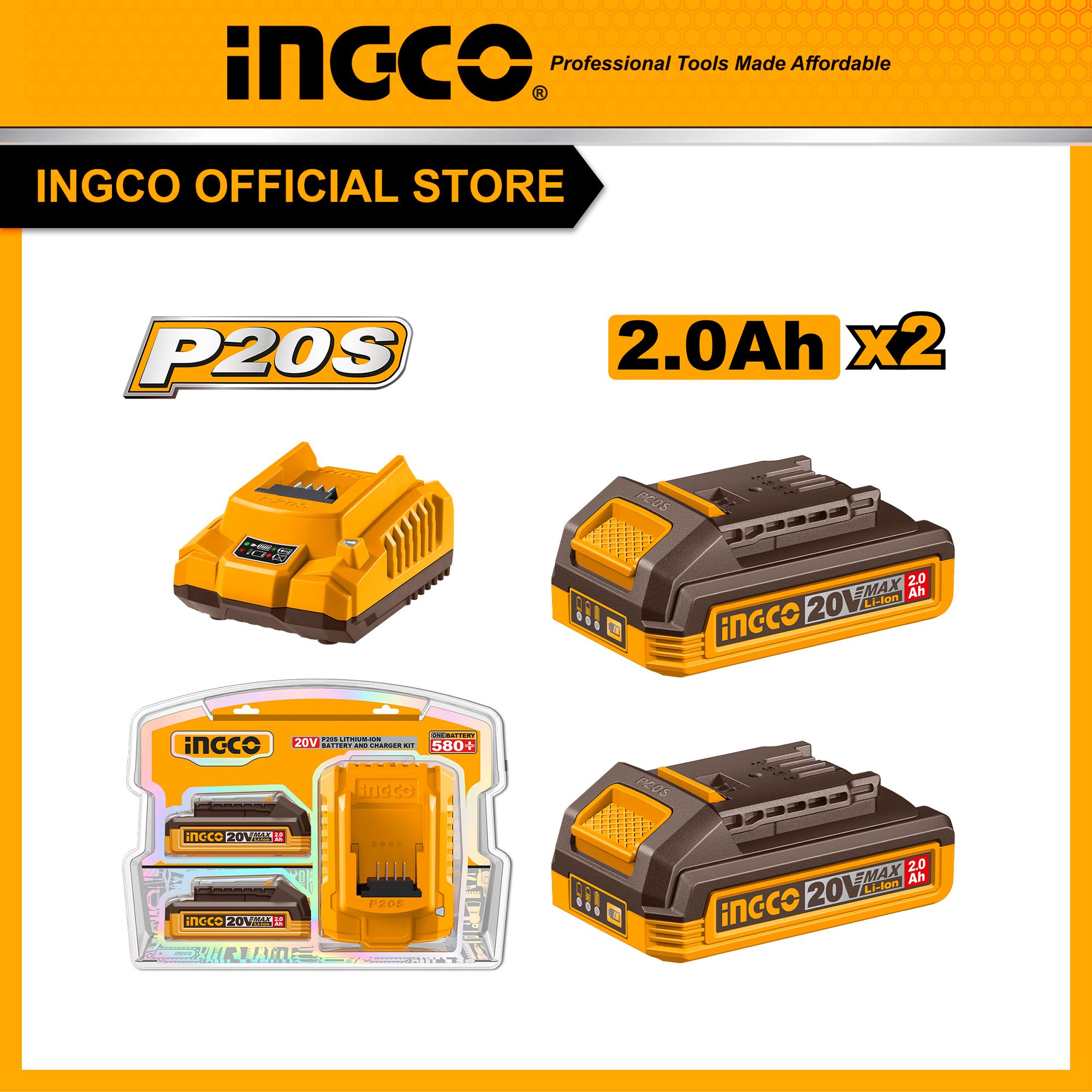 Combo 2 pin 2.0Ah và sạc cho máy pin 20V INGCO FBCPK2212