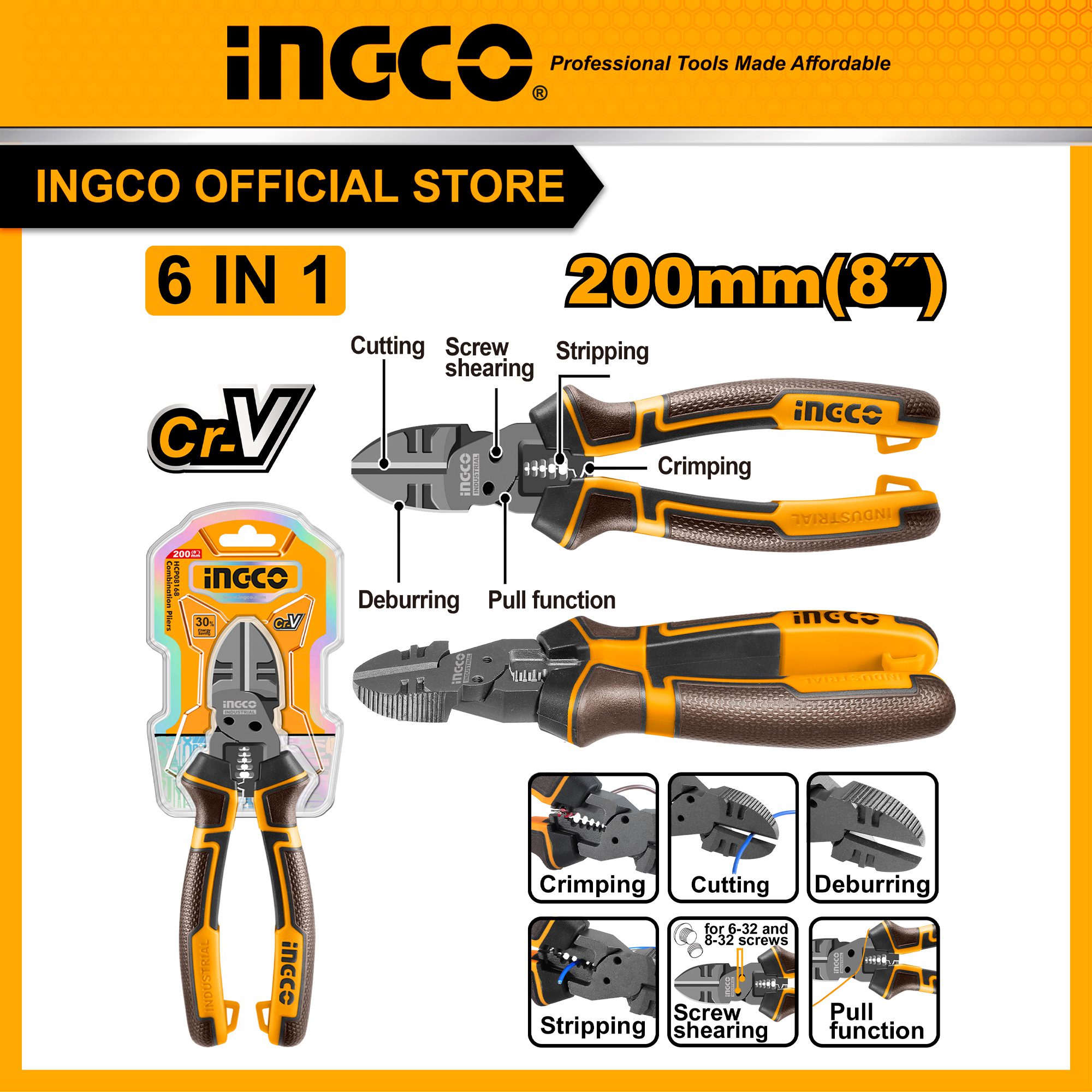 Kìm cắt đa năng 6 trong 1 8 inch thép Crv INGCO HMFDCP28200