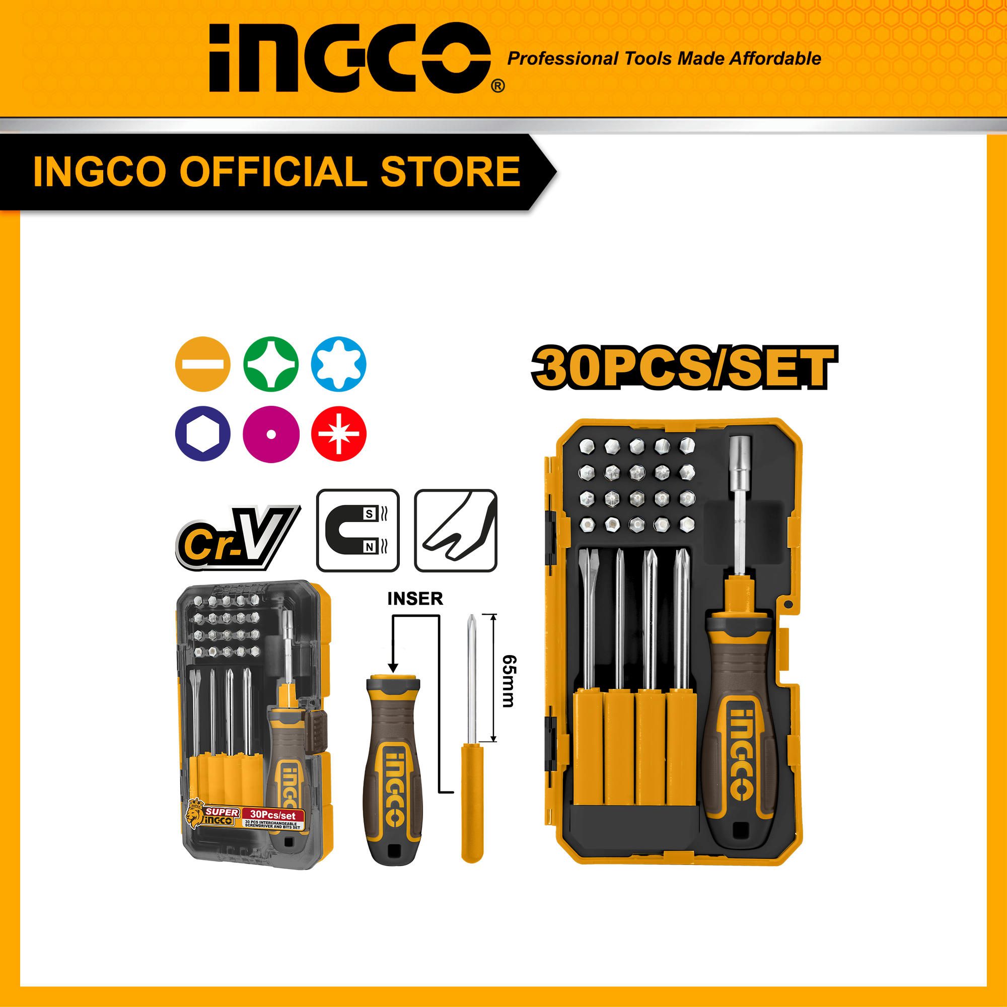 Bộ 30 đầu vít đa năng INGCO AKISD3001 thép CrV có nam châm