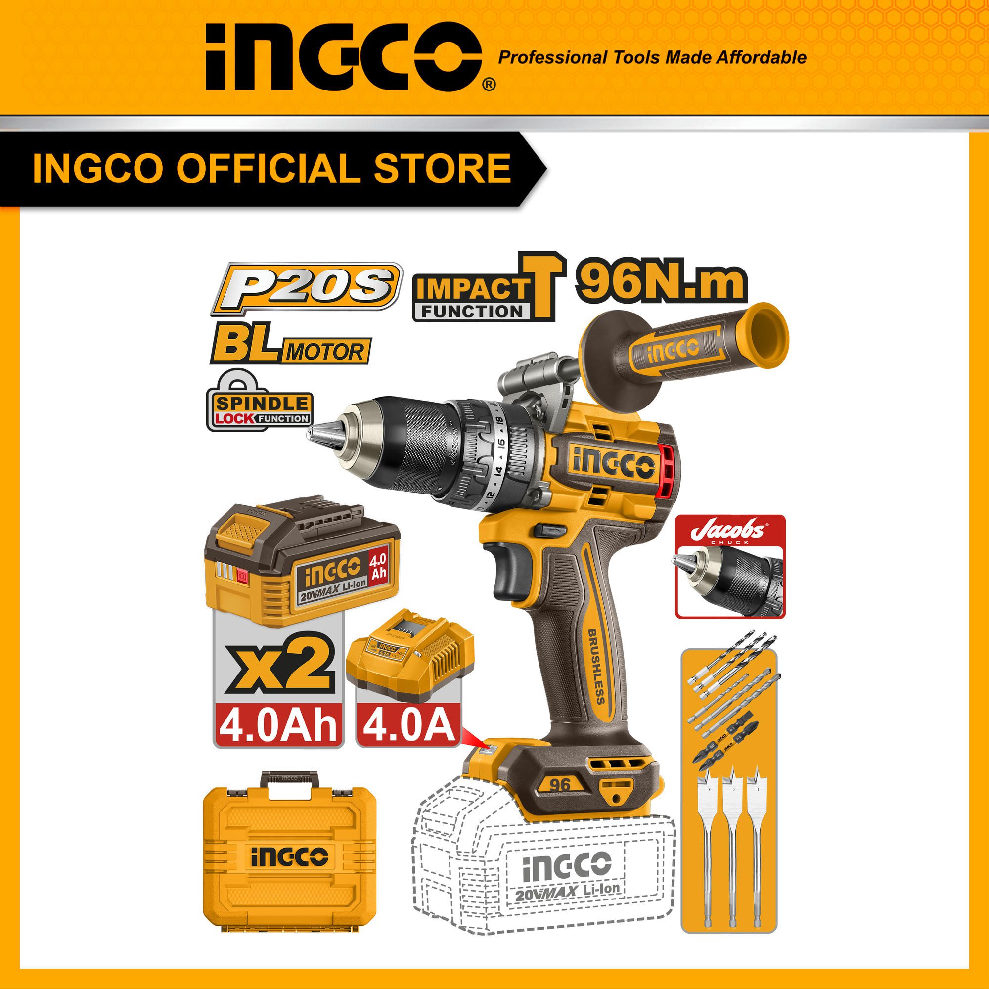 Máy khoan pin 3 chức năng 20V 96Nm không chổi than INGCO CIDLI209686 full bộ đầu kẹp Jacobs