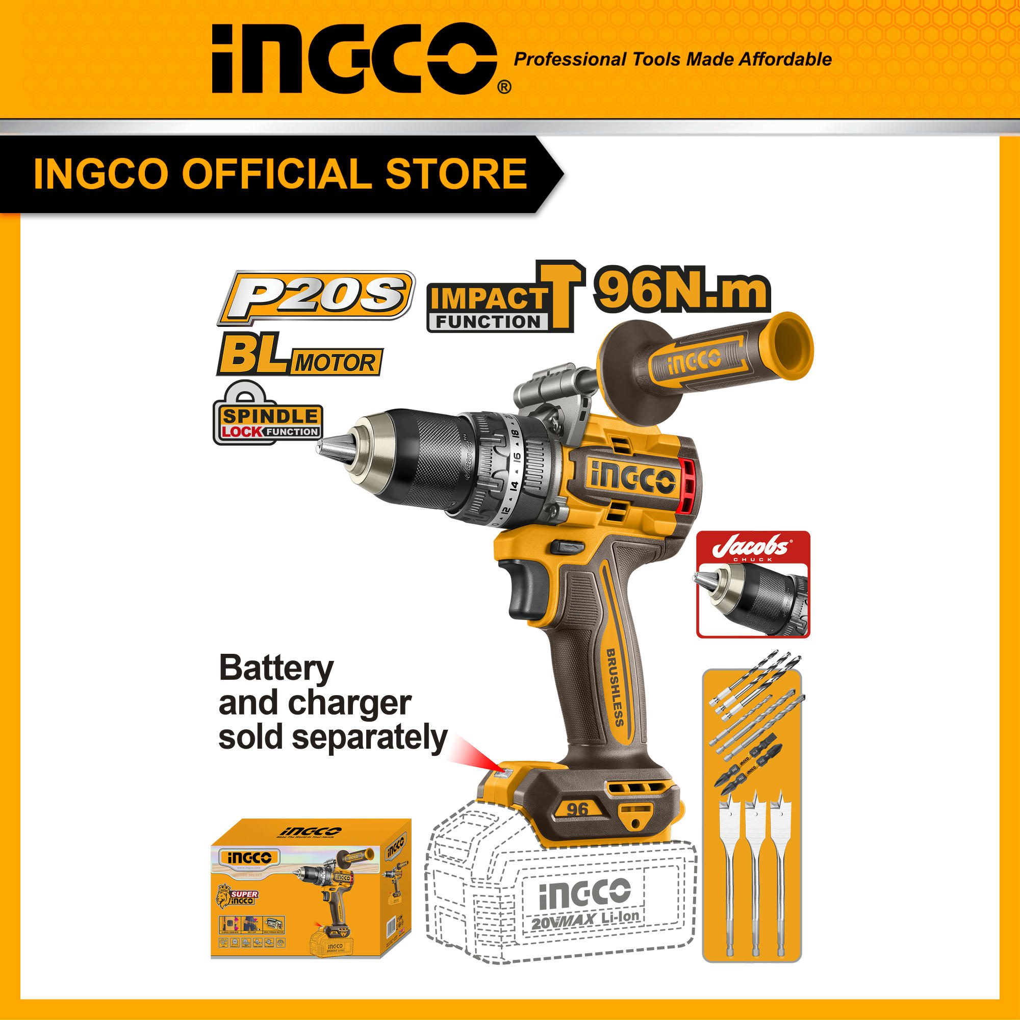 Thân máy khoan pin 3 chức năng 20V 96Nm không chổi than INGCO CIDLI209685 body đầu kẹp Jacobs chưa kèm pin sạc